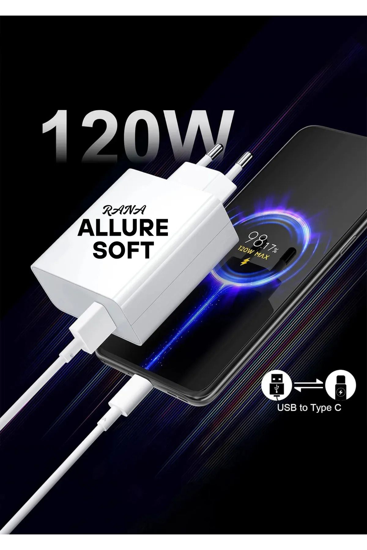Allure soft 120W Süper Hızlı Şarj Aleti Kablo Turbo Güç Adaptörü Şimşek Hızında Şarj