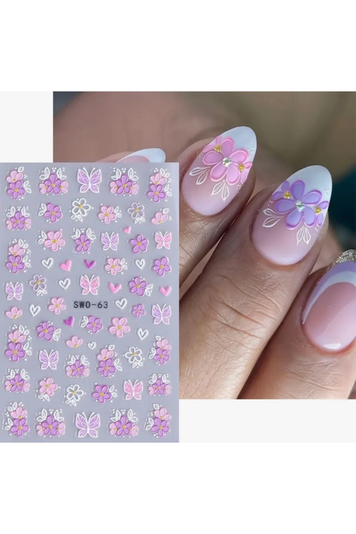 AEÇTASARIM Kabartmalı Pembe Mor Çiçekler Tırnak Süsleme Stickerı, Nail Art Süslemeleri