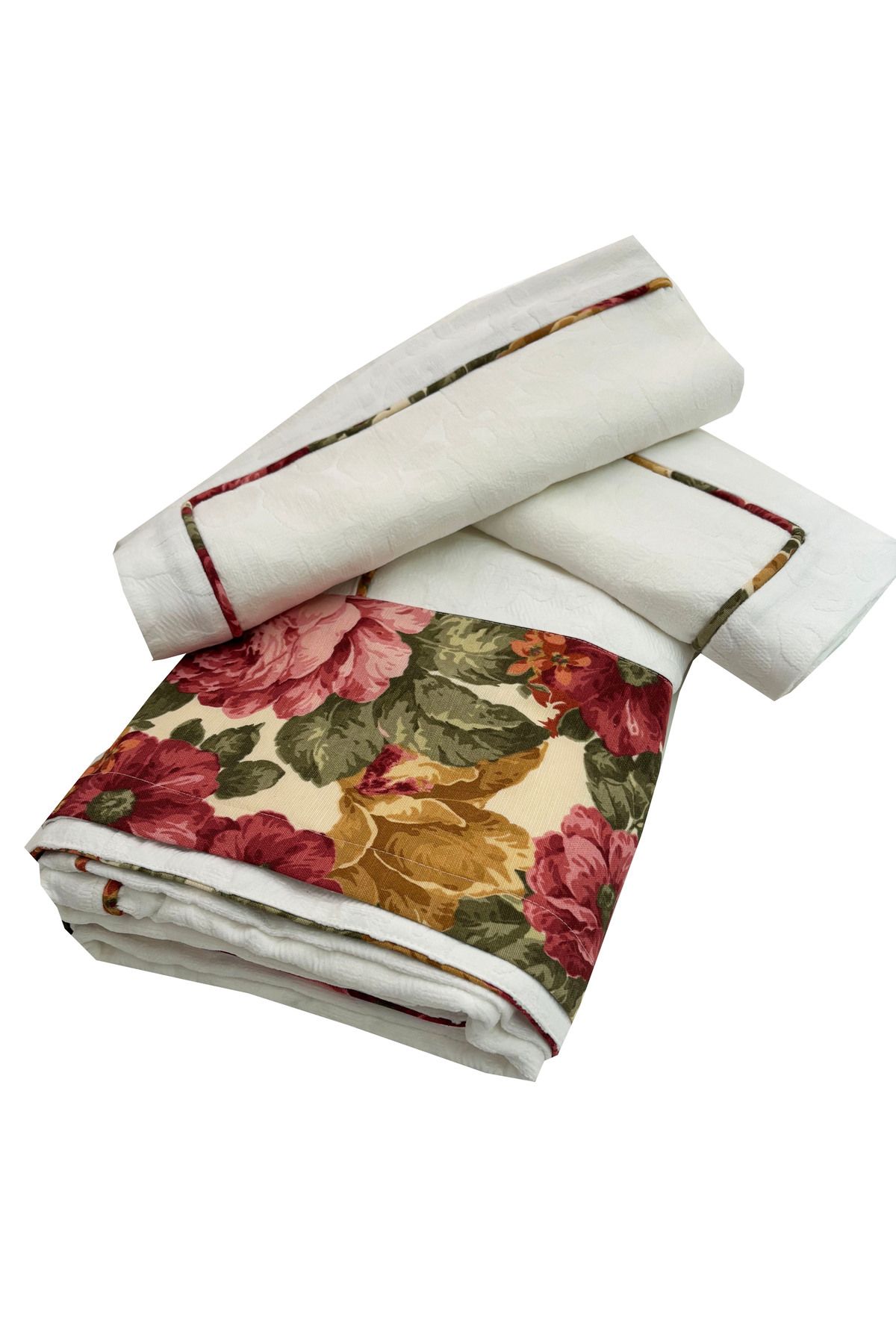 YASTIKMİNDER Beyaz Kenar Bantlı Çiçek Desenli Koton Kumaş Aplikeli 200x220 Pike 50x70 Y.K 3 Parça Pike Takımı