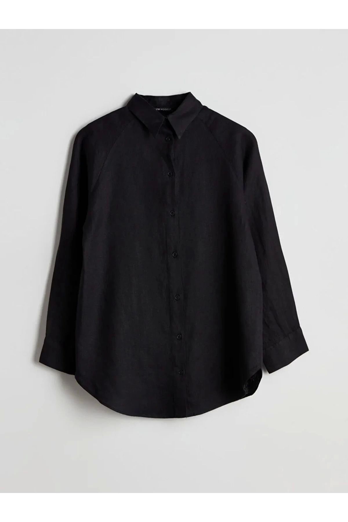 Store Modest Siyah Oversize Keten Kadın Gömlek