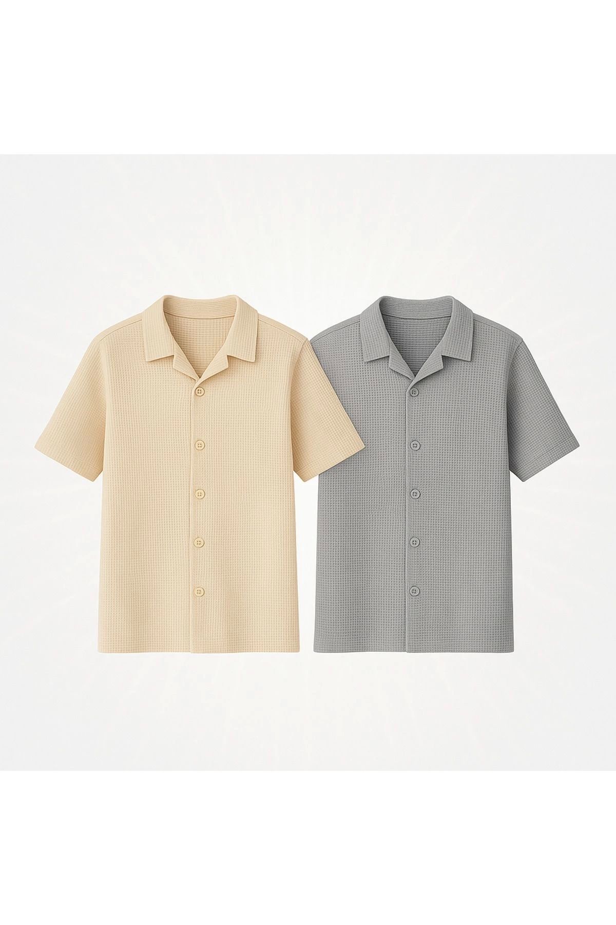 Store Waffle Desenli Slim Fit Erkek Çocuk Kısa Kollu Gömlek 2'li Paket