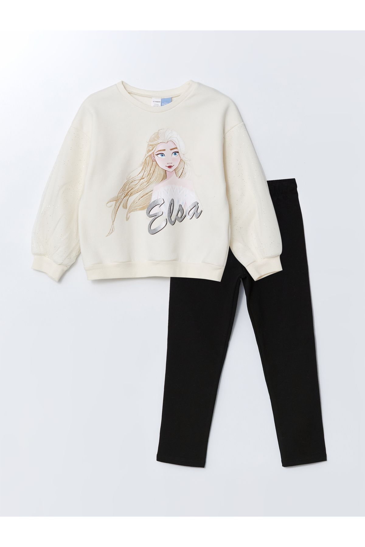 LC Waikiki Bisiklet Yaka Elsa Baskılı Kız Bebek Sweatshirt ve Tayt 2'li Takım