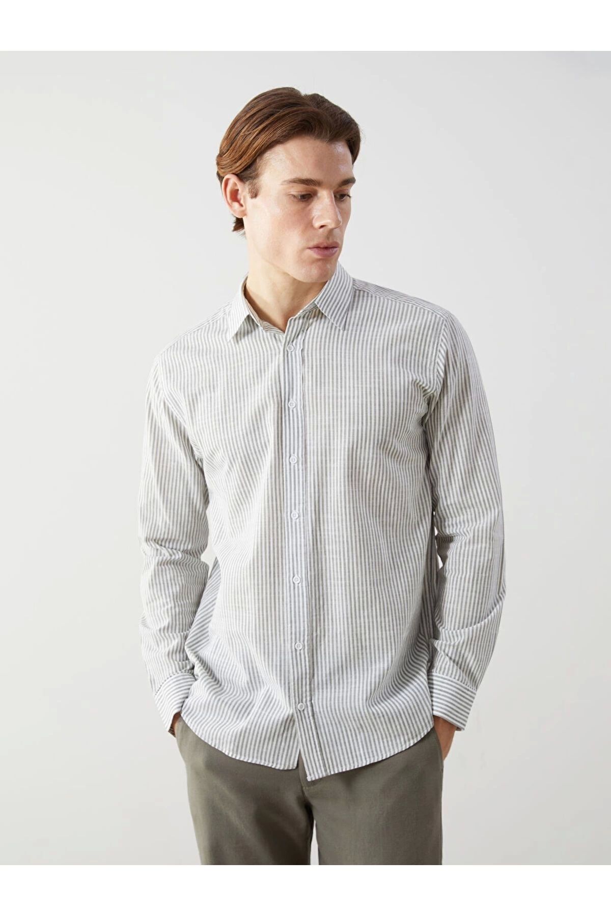Store Yeni Sezon Slim Fit Uzun Kollu Cizgili Poplin Erkek Gomlek - S5BQ22Z8