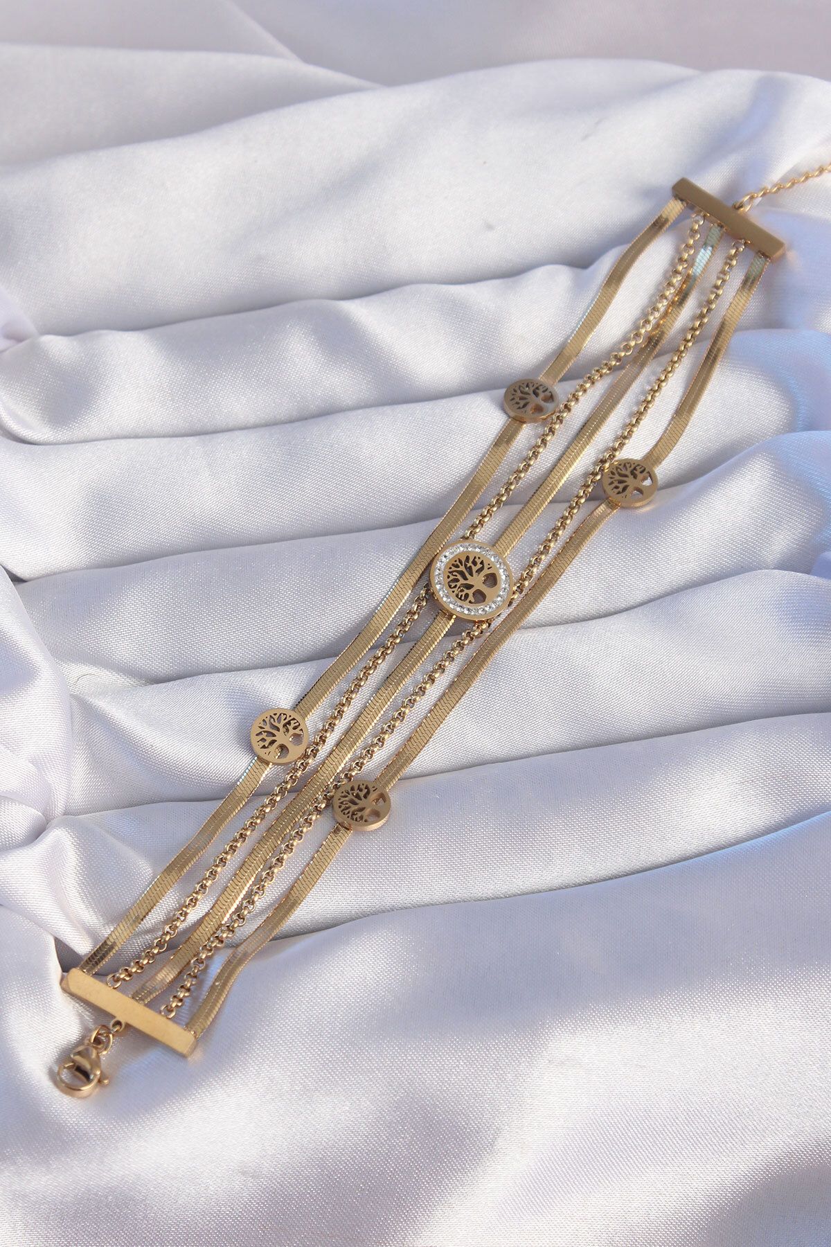 Clariss-316L الصلب الذهب اللون سلسلة الإيطالية مفصلة الزركون حجر شجرة الحياة تصميم سوار متعدد 3