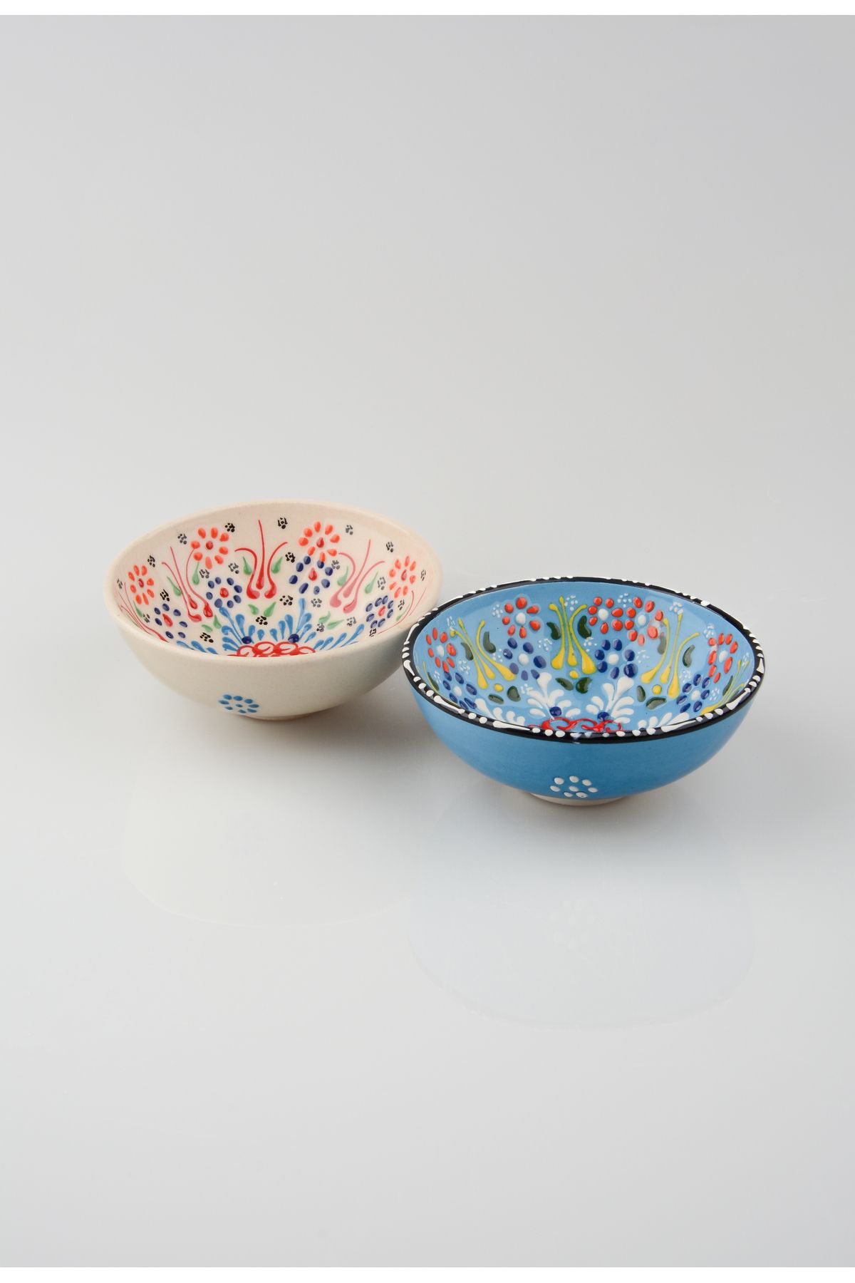 ADEN LİNA ART WORKSHOP 2Adet El Yapımı Açık mavi-Beyaz Lale Motifli Orta Boy (10cm Çapında) Seramik Kase Takımı-Hand Made