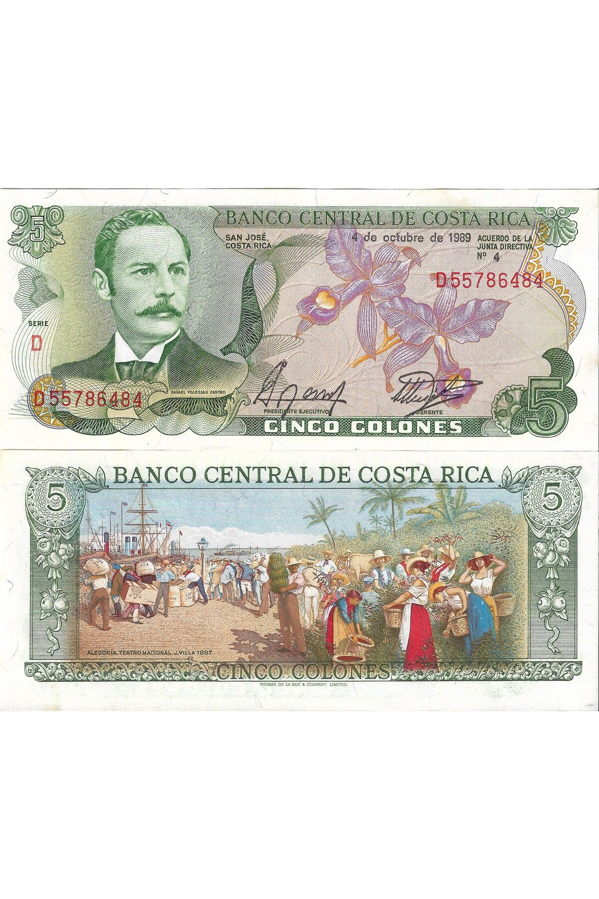 emir koleksiyon coin & paper collection Kosta Rika 1989 Yılı TASARIM ÖDÜLLÜ 5 Colones Yabancı Kağıt Para ÇİL (Unc) Koleksiyon Para