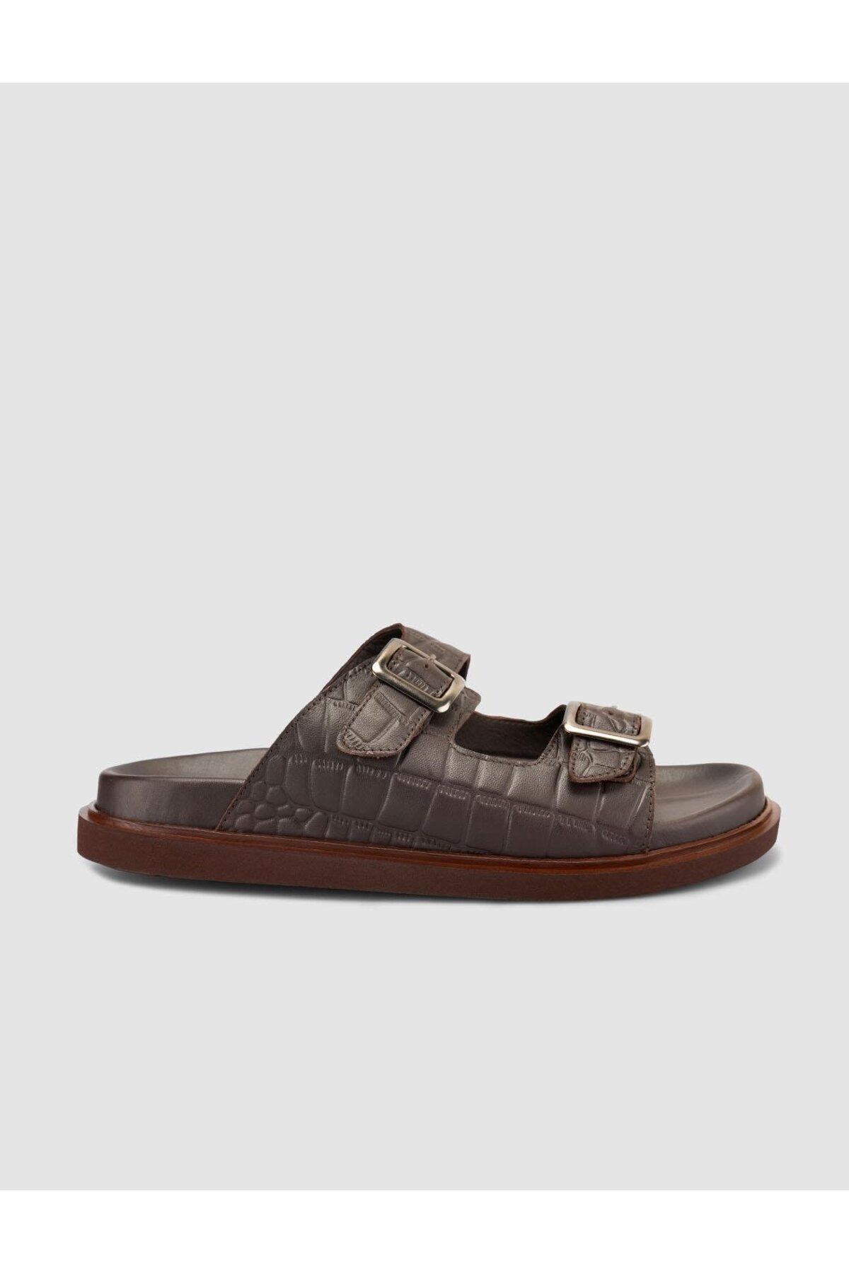Cabani %100 Hakiki Deri Croco Desen Kahverengi Erkek Terlik
