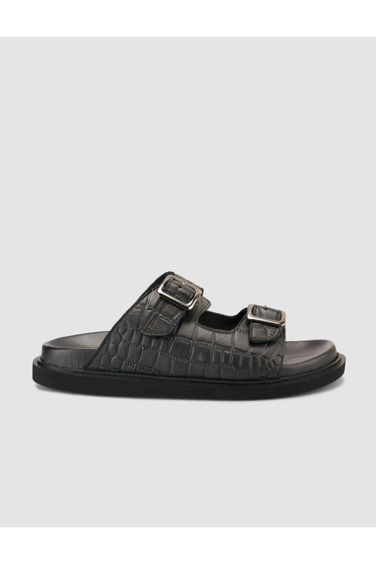 Cabani %100 Hakiki Deri Croco Desen Siyah Erkek Terlik