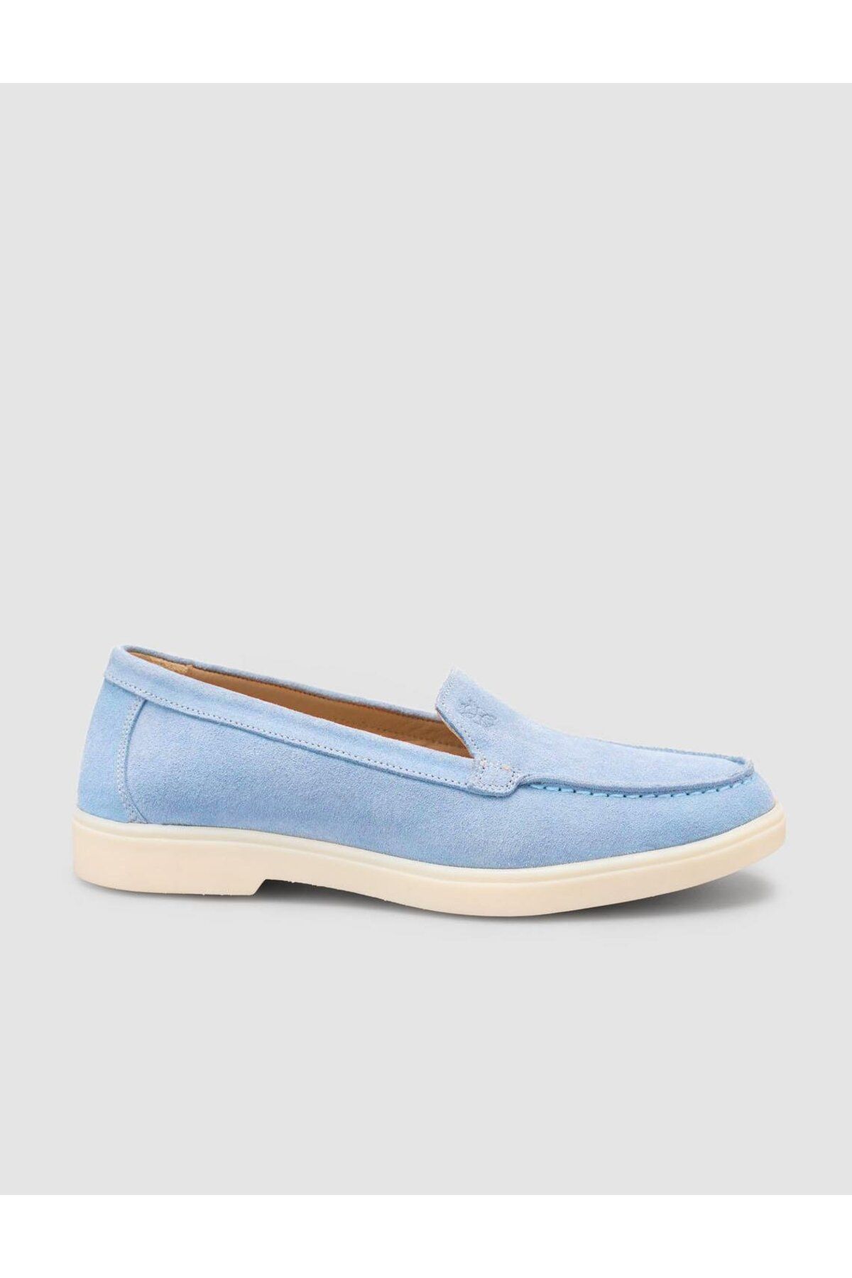 Mona Mae %100 Hakiki Deri Mavi Süet Kadın Loafer