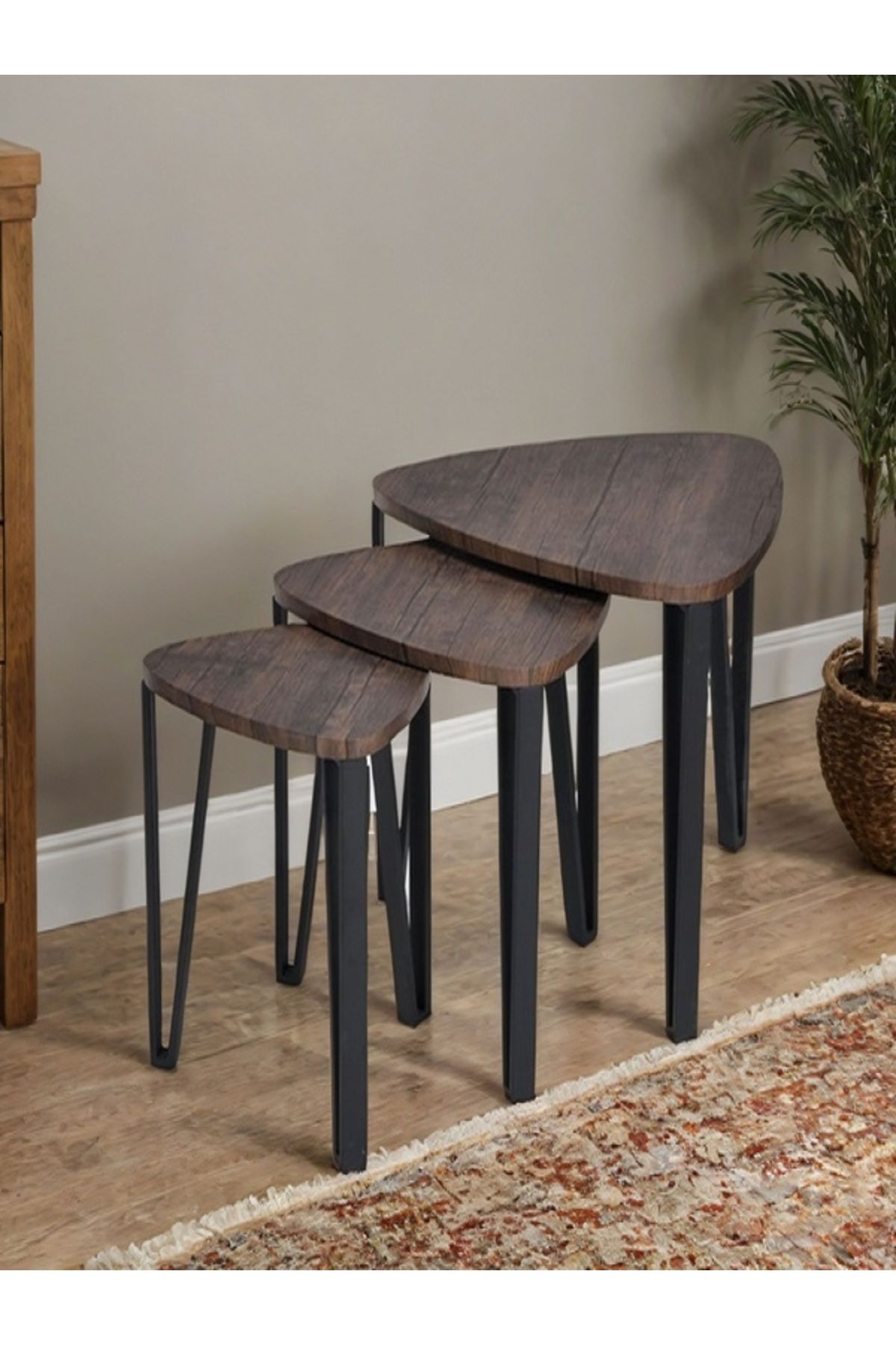 micasa-3-Piece MDF and PVC Laminate 3-Leg Triangular Stylish Nesting Table Set 2