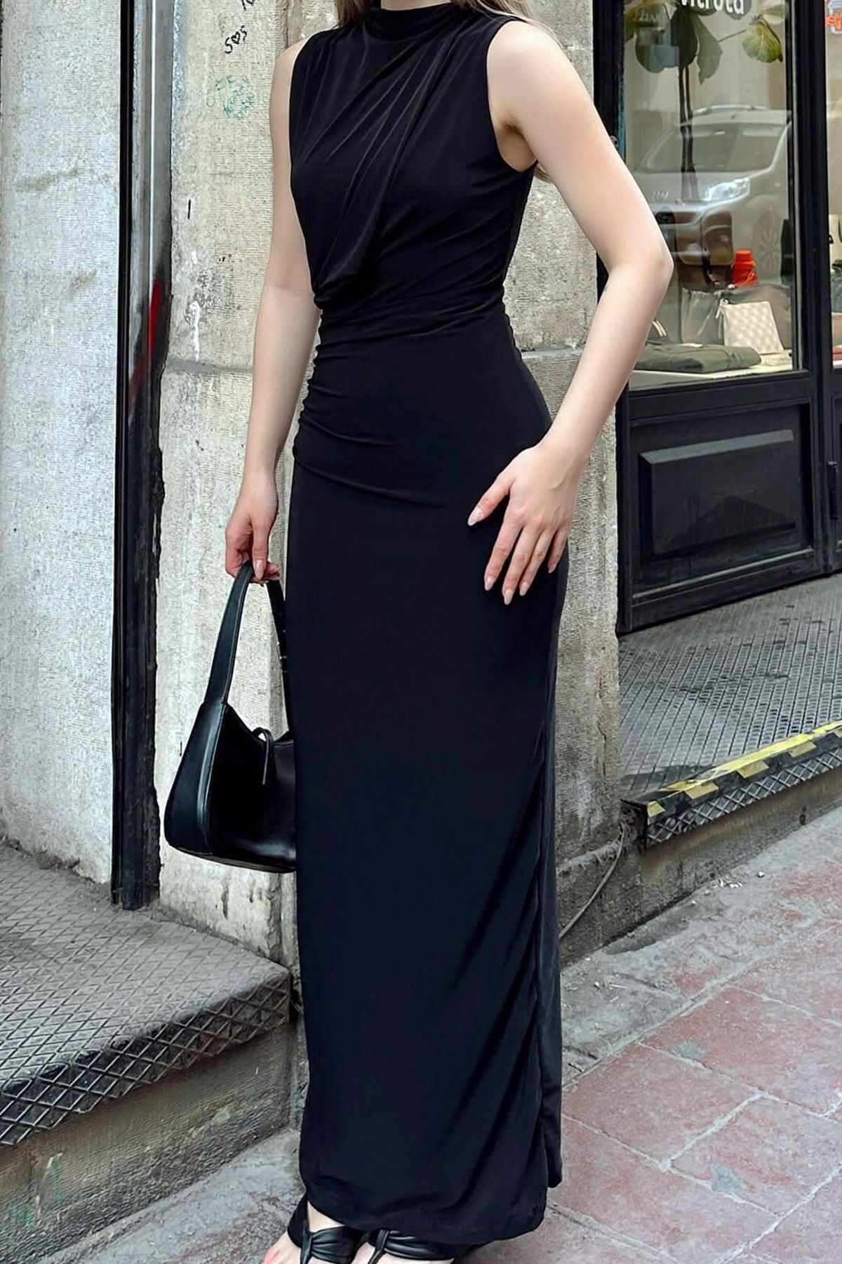 Ottawe Fit Kesim Dar Dik Yakalı Drape Büzgü Detaylı Sıfır Kol Günlük Likralı Yırtmaç Detay Bilek Boy Elbise