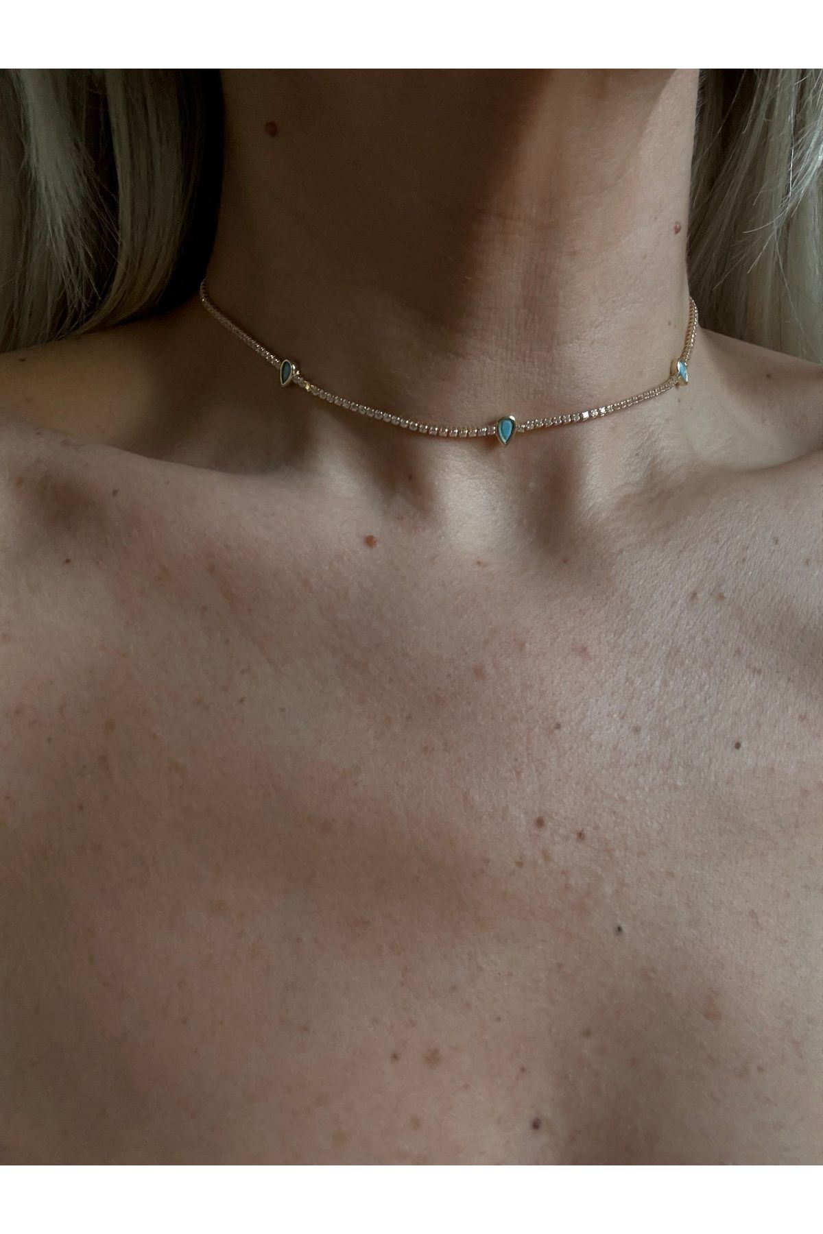 Rossetto Atelier İthal Mavi Damla Taşlı Su Yolu Choker Kolye