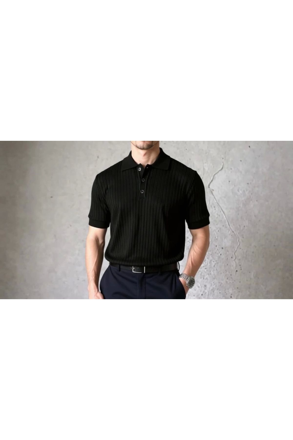 Butik Erkek Kısa Kollu Yakalı Yakadan Düğmeli Triko Bluz