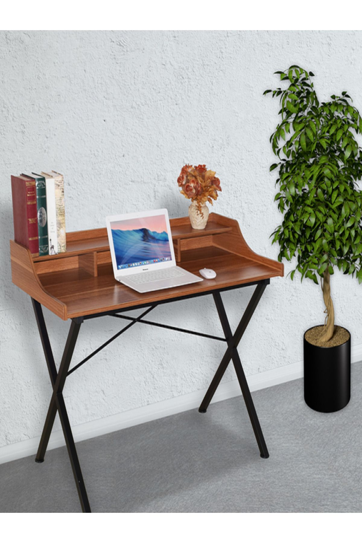 micasa-Open Shelving Metal Frame Wooden Rectangular Computer Desk 2