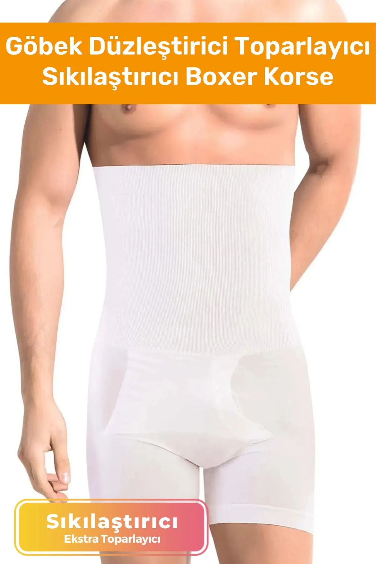 AboutThePerfect Beyaz Erkek Düzleştirici Toparlayıcı Boxer Korse, Bel ve Göbek Şekillendirici