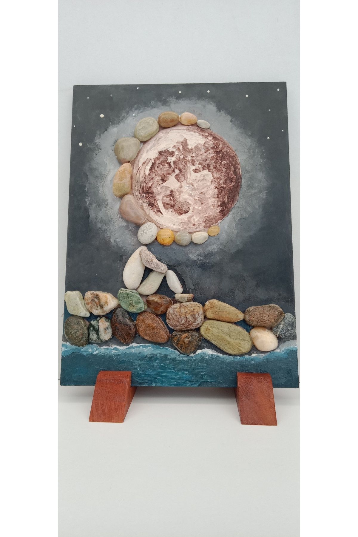 Öz .Green Art Home Ay'ı Seyreden Adam Temalı Doğal Taşlı El Yapımı Akrilik Tablo - 20x28 cm