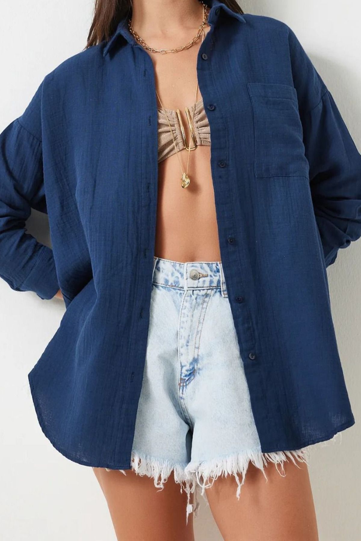 Mogi Butik Kadın Cepli Oversize Basic Müslin Gömlek 3079