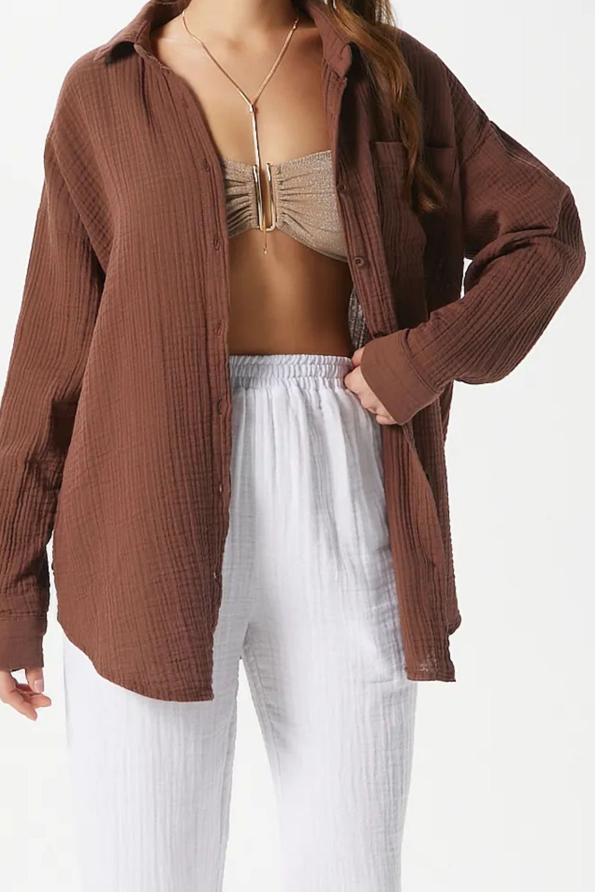 Mogi Butik Kadın Cepli Oversize Basic Müslin Gömlek 3079
