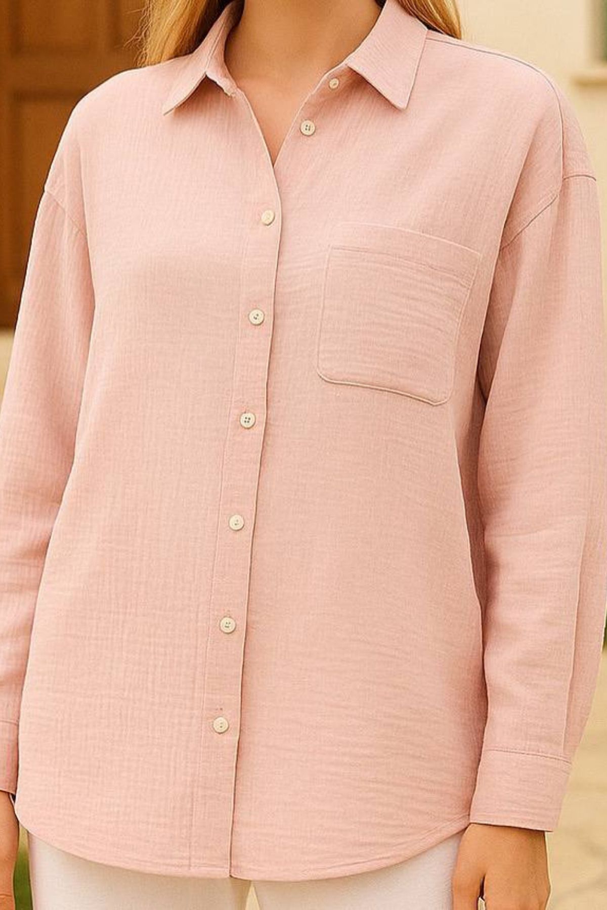 Mogi Butik Kadın Cepli Oversize Basic Müslin Gömlek 3079