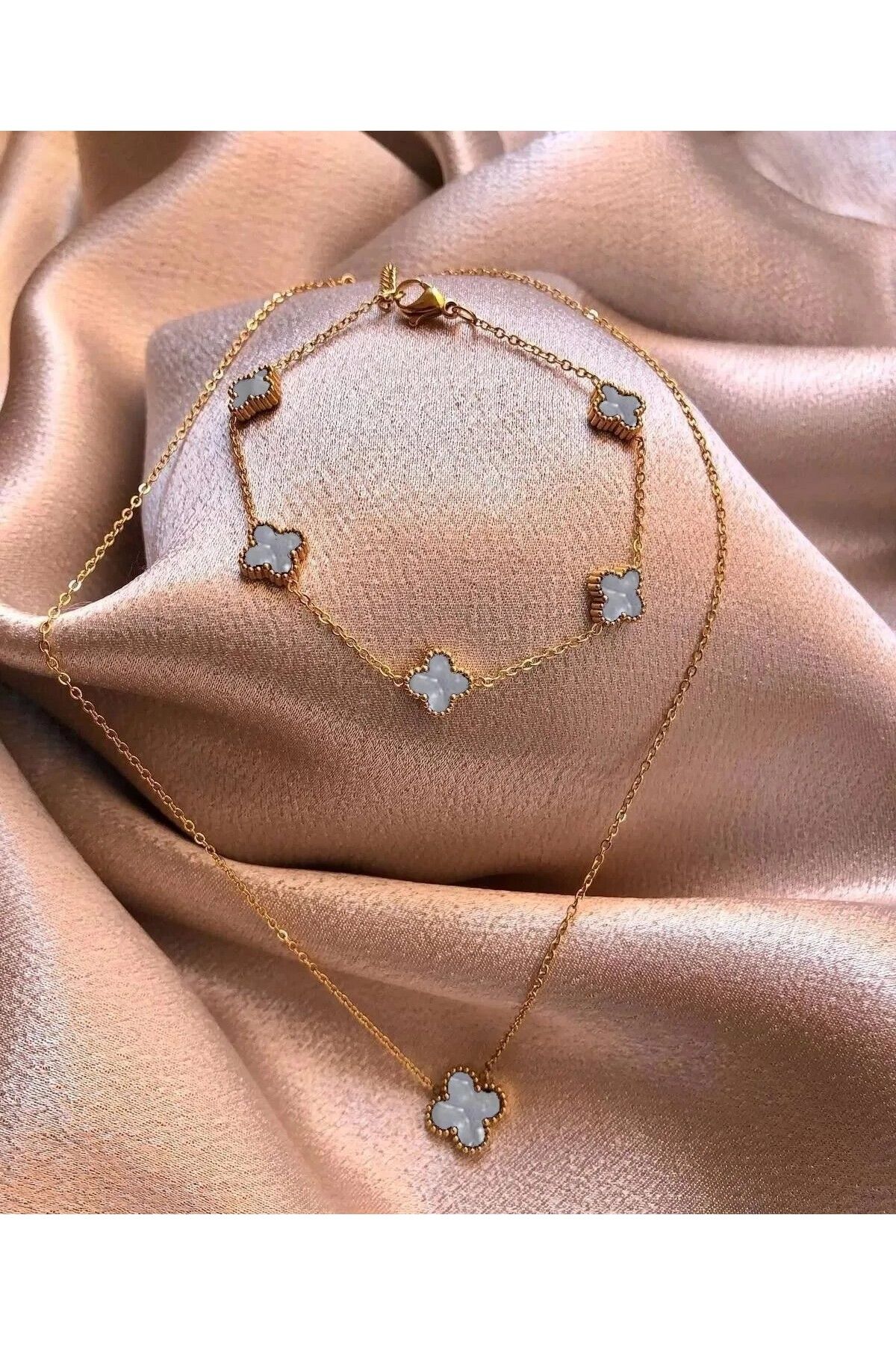 Senzavetra Altın Renk Beyaz Van Cleef Kolye Bileklik Set