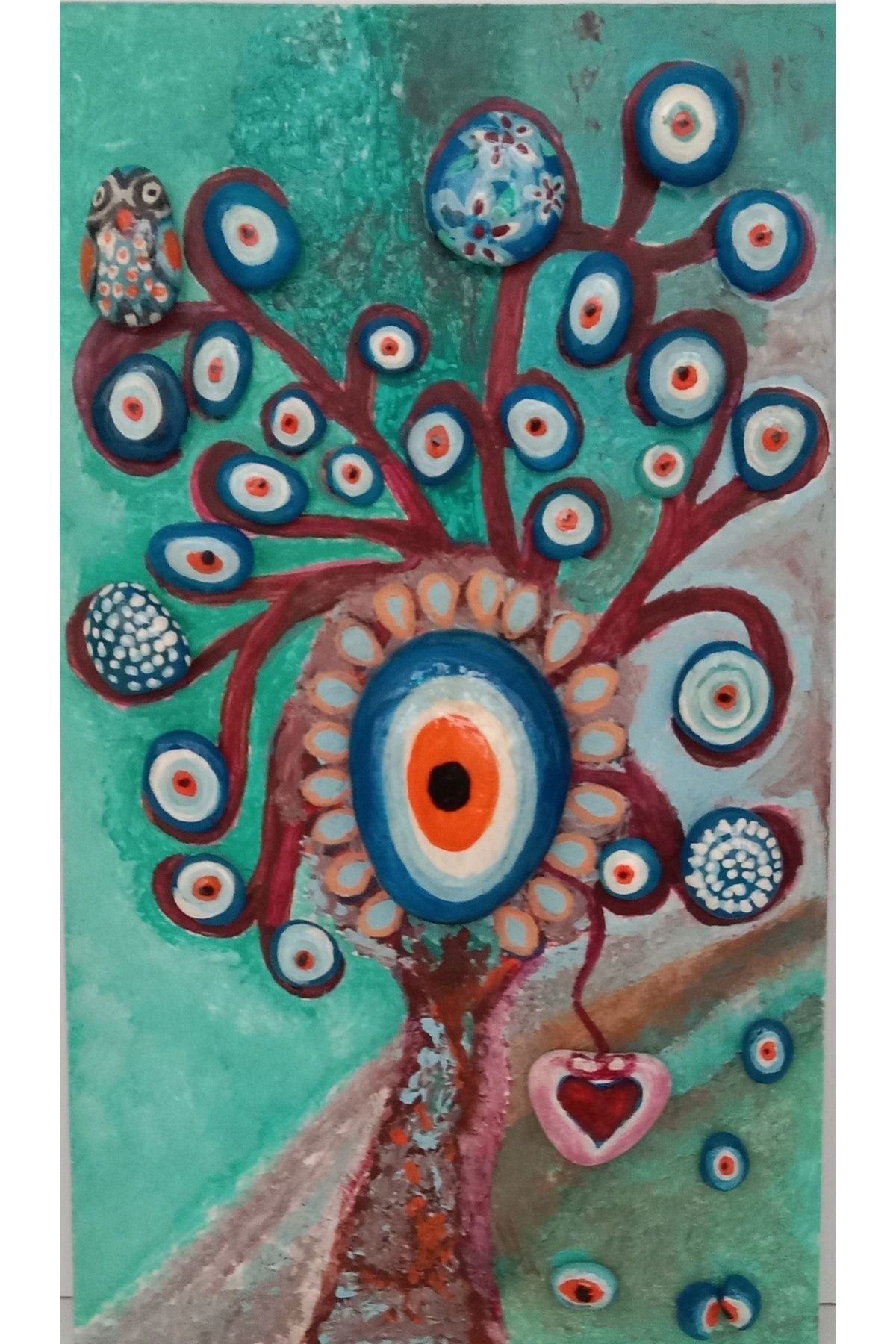Öz .Green Art Home El Yapımı Nazar Boncuğu Ağacı Duvar Süsü – Doğal Taş Boyama, 17x30 cm