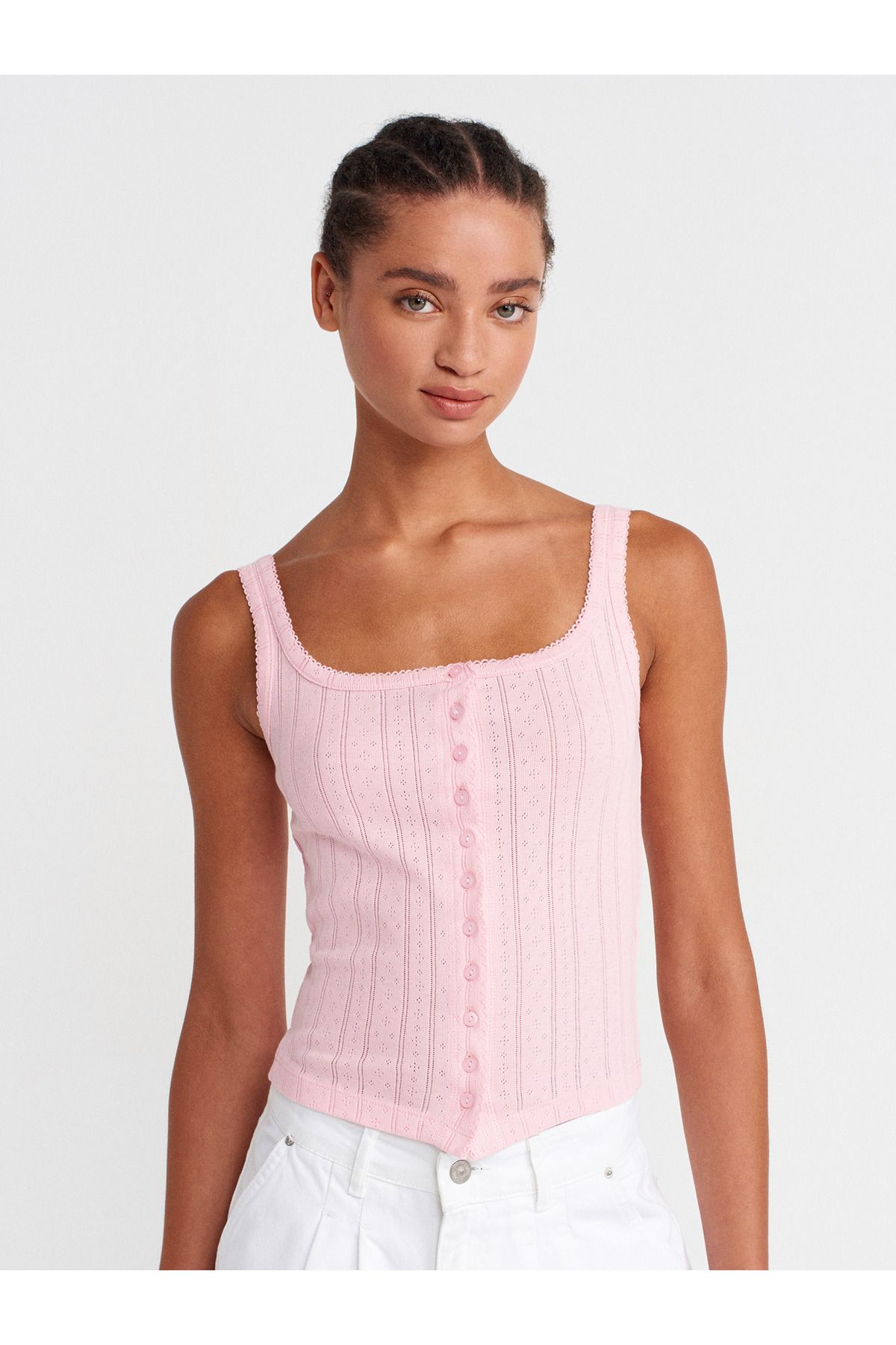 Dilvin 21068 Düğmeli Kare Yaka Top-Toz Pembe