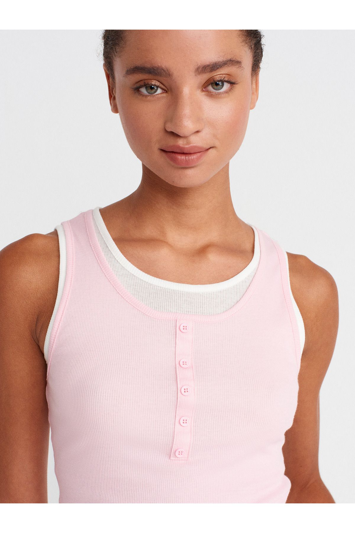 Dilvin-21102 Double Layer Buttoned Top-Powder Pink 3