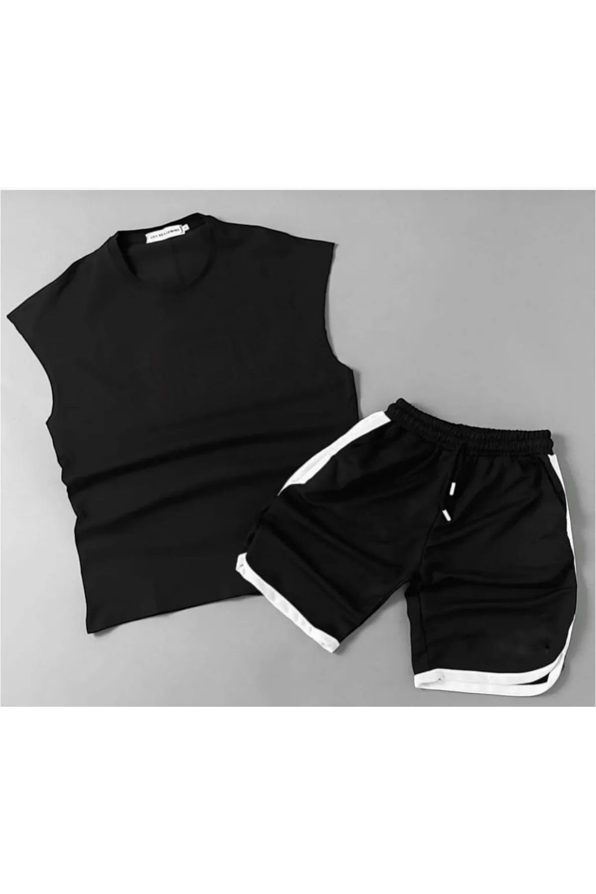 NewCabin Siyah tasarım Baskılı Oversize Alt Üst Şort Takım - Sporcu Kolsuz T-shirt Ve Şort Takım Yazlık 2li