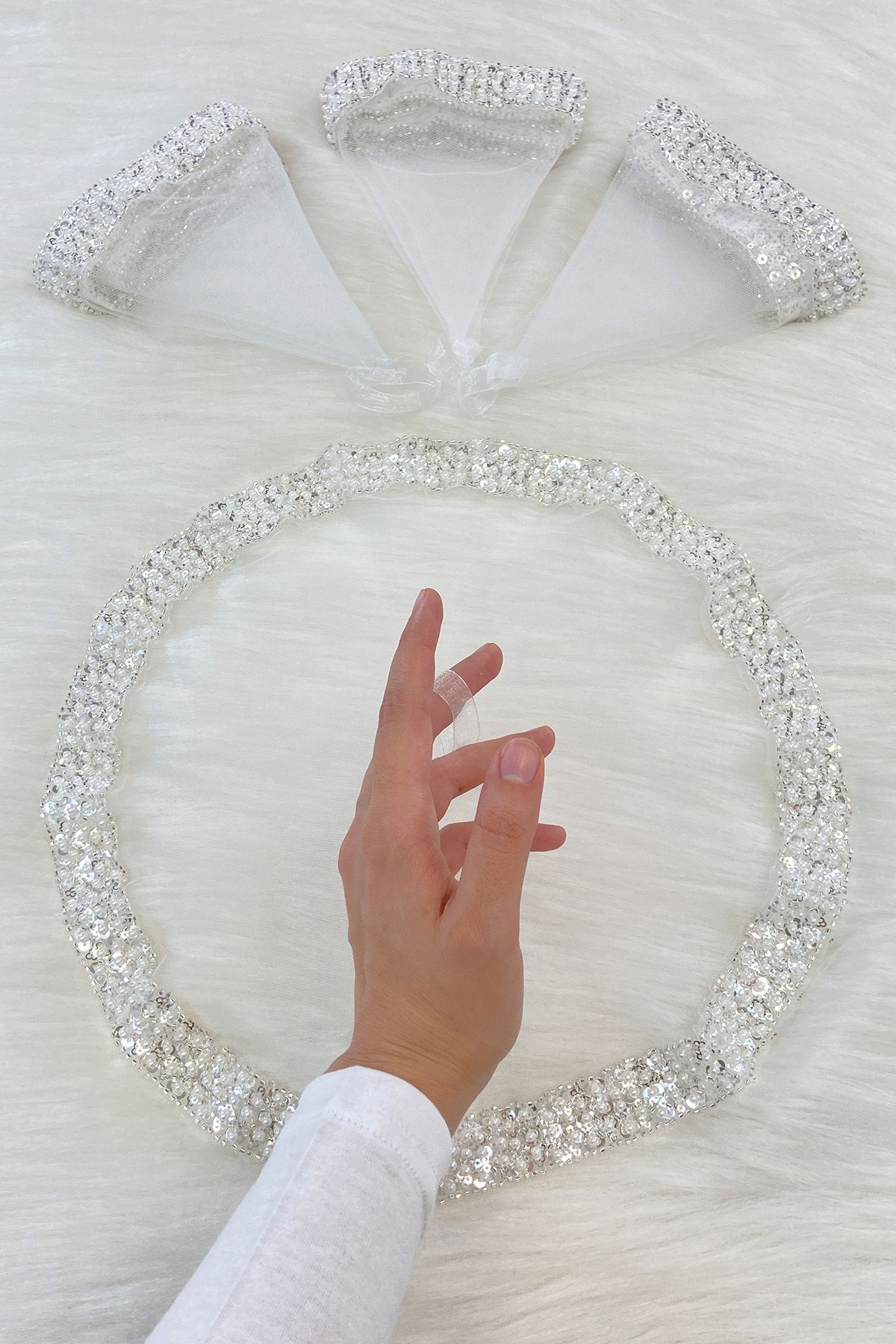 ZEYMERADE Beyaz Gelin Damat Mendili, İnci, Pul Ve Cam Boncuk İşlemeli, Düğün Kına Sünnet Söz Nişan Halay