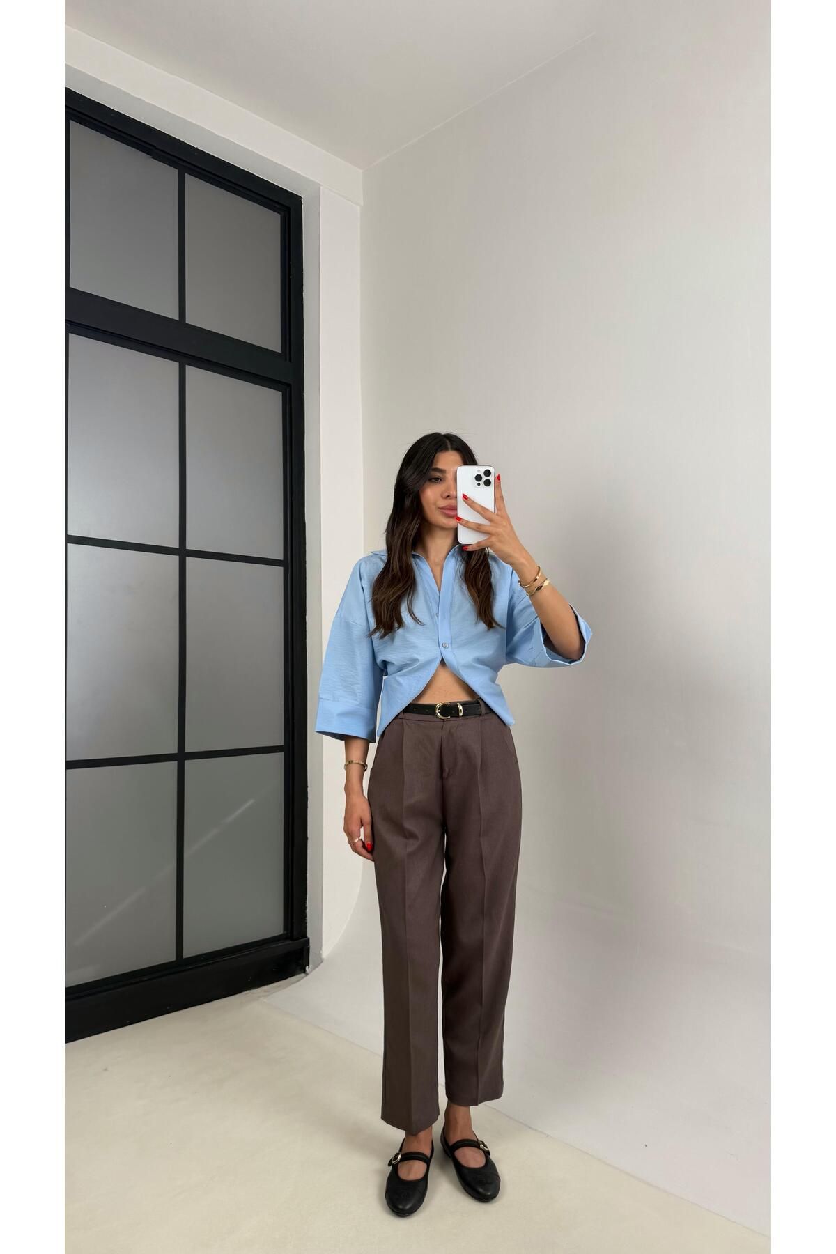 Gaus Kahve Kemerli Cepli Premium Keten Pantolon Gaus00513