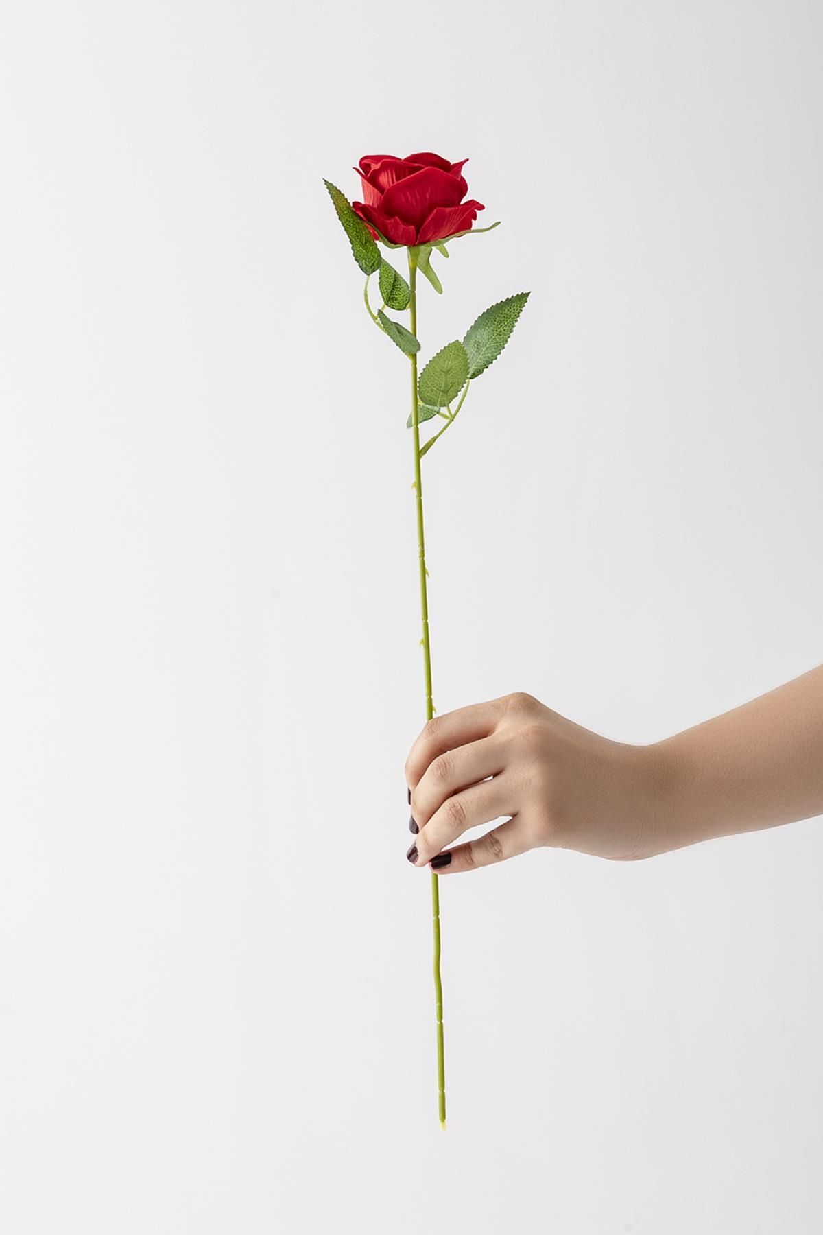 Güleç Yapay Çiçek Yapay Kadife Gül Tek Dal Kırmızı 50 Cm
