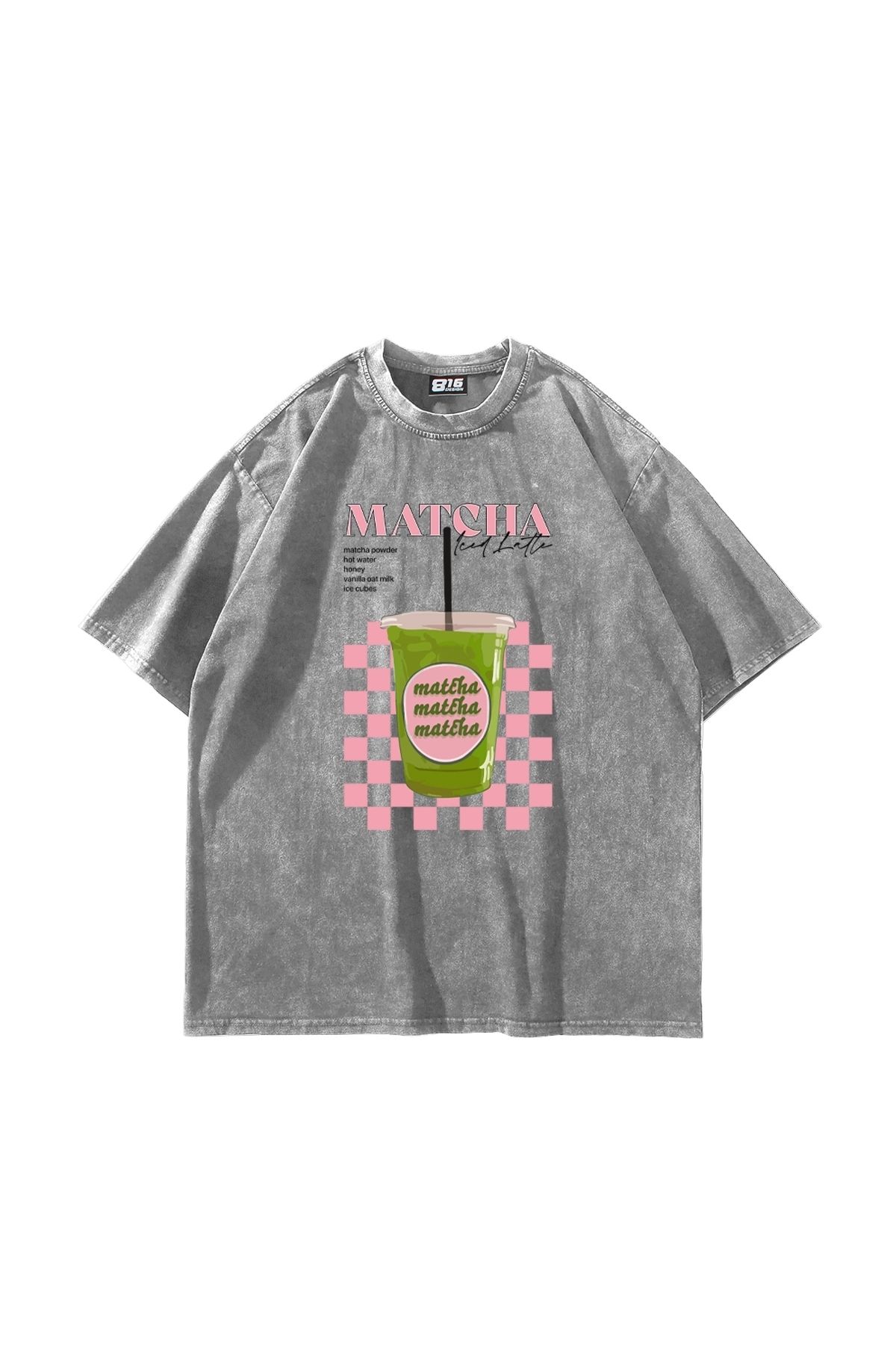 Sekizbiraltı Matcha Iced Latte Baskılı Oversize Unisex Yıkamalı Beyaz Tshirt