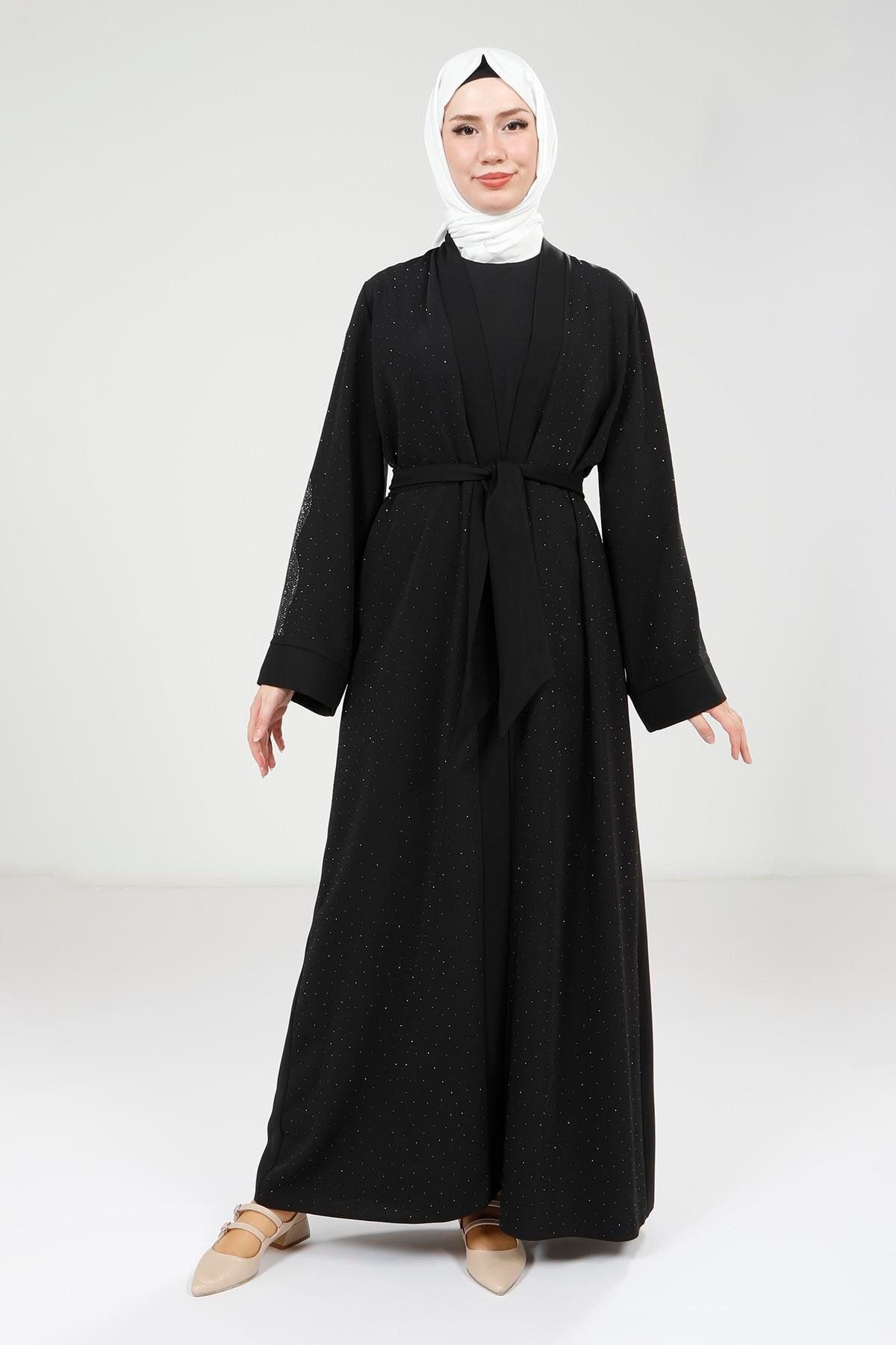 Beyza Serpme Taş Detaylı Siyah Abaya Takım 9320