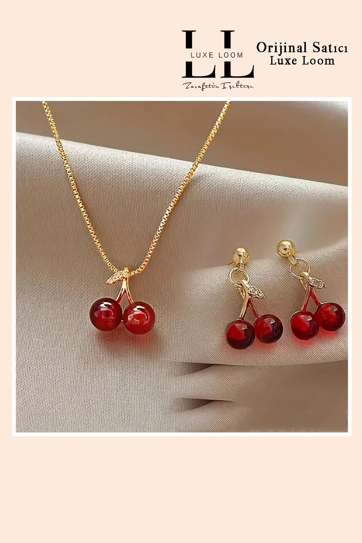 Luxe Loom Zarafetin Işıltısı Kadın Zirkon Taşlı Şık Kiraz Kolye Küpe Seti 001