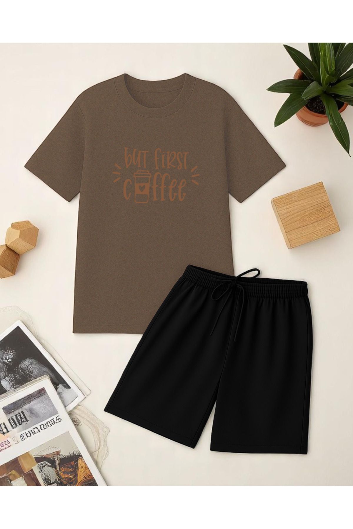 uyguntarz But First Coffee Baskı Şort Takım