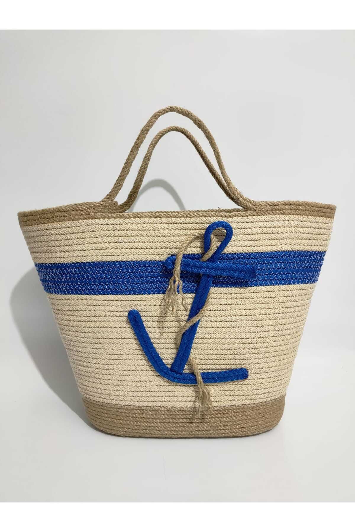 Ezo Beach Handmade Kadın Omuz Çantası, Mavi Ekru El yapımı Plaj Çantası, Hediyelik Çapa Desenli Çanta