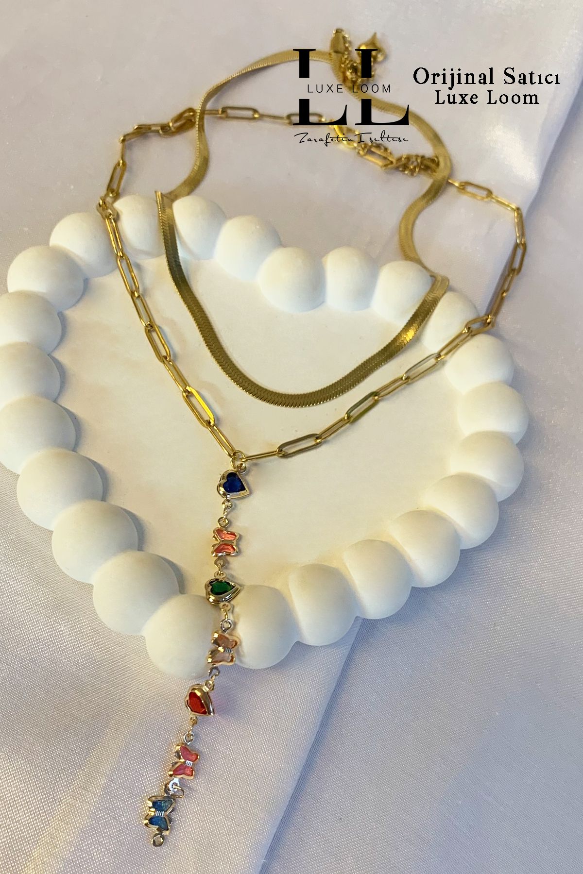 Luxe Loom Zarafetin Işıltısı Kadın Kararmayan Çelik İtalyan Ezme ve Renkli Zirkon Kalp Kelebek Ataç Y Kolye Seti