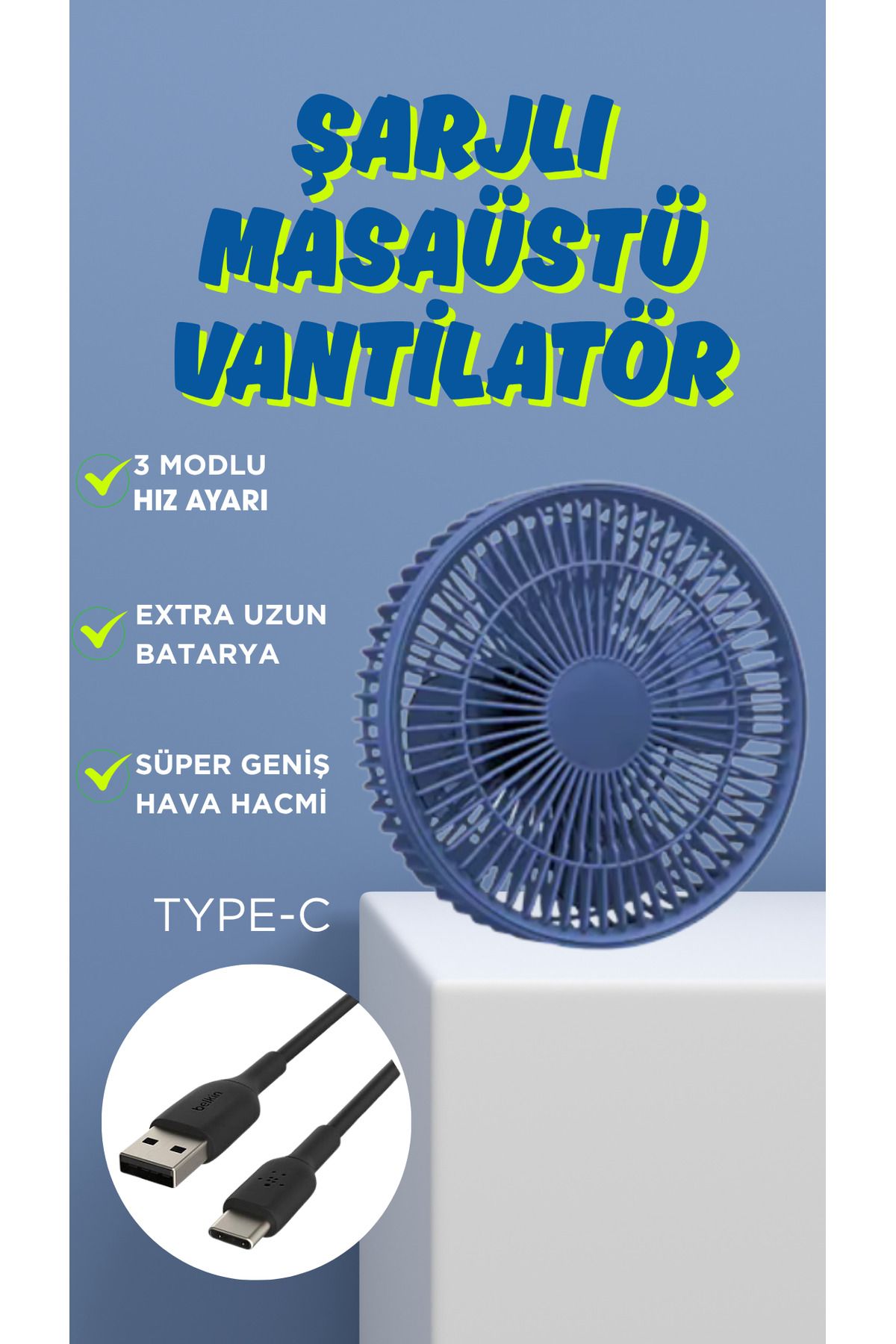 ESTRON Lacivert Masaüstü 3 Kademeli Usb Girişli Serinletici Mini Vantilatör Fan
