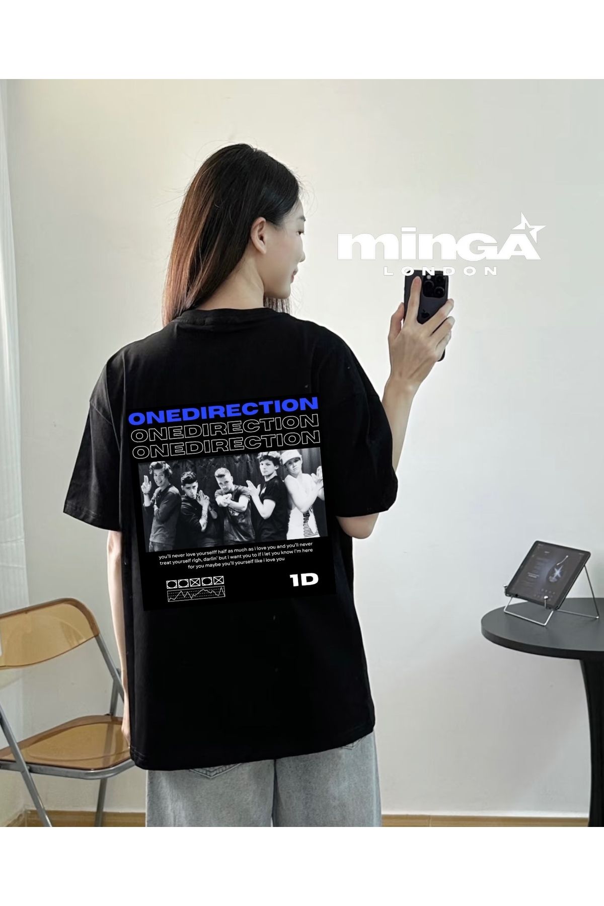 Minga London One Dırectıon Music Group Baskılı Siyah Oversize Unisex Tshirt- Minga London