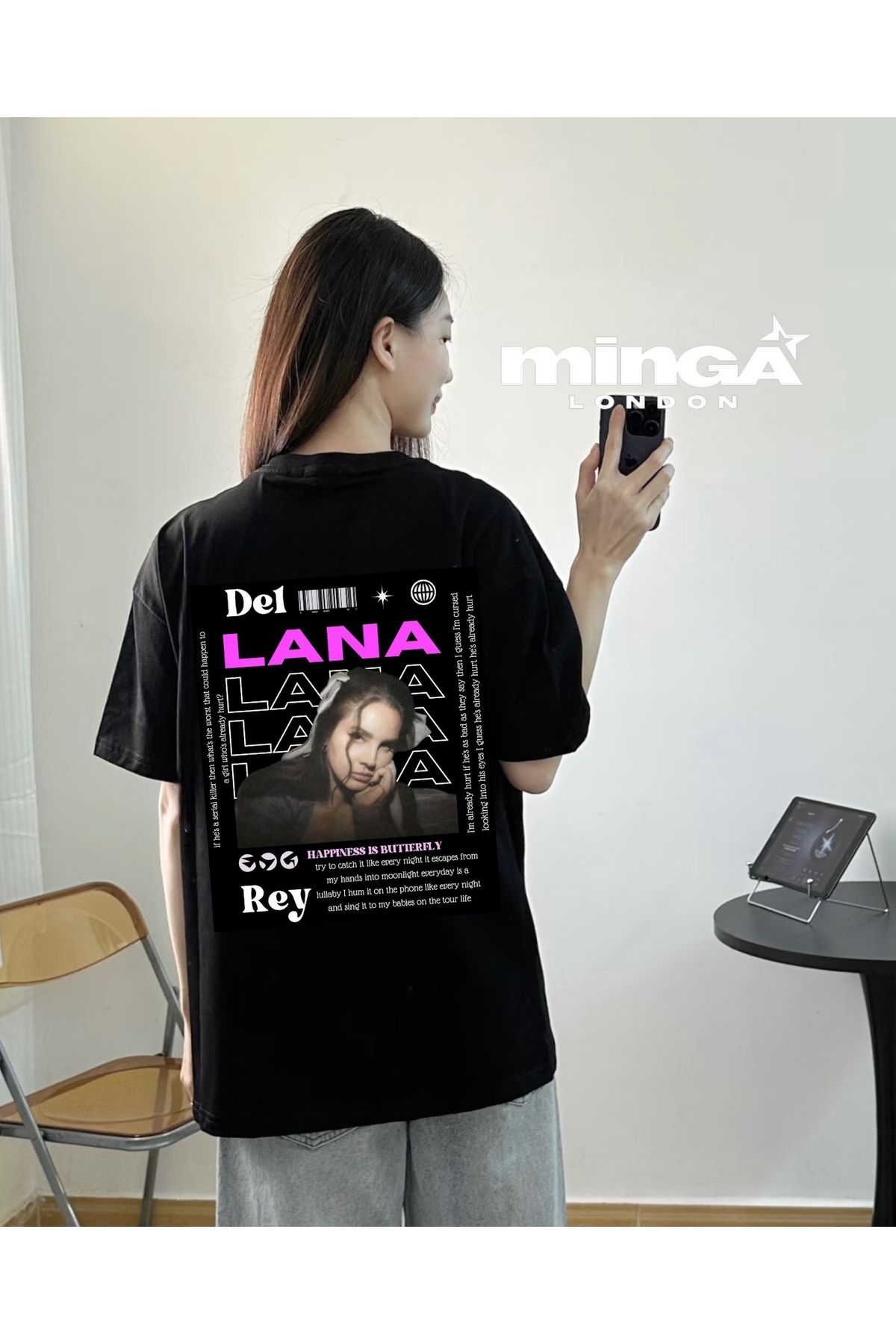 Minga London Lana Del Rey Baskılı Siyah Oversize Unisex Tshirt- Minga London