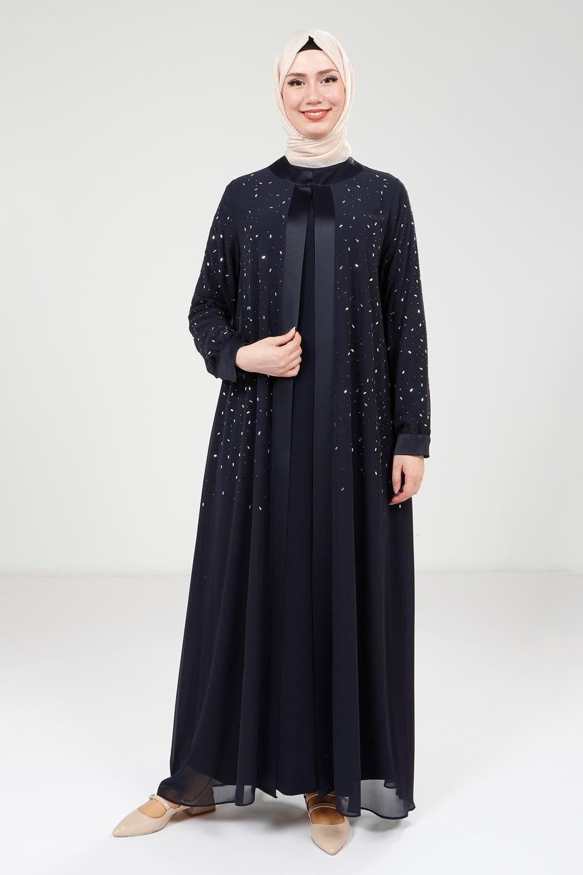 Beyza Taş Detaylı Şifon Lacivert Abaya Takım 9321