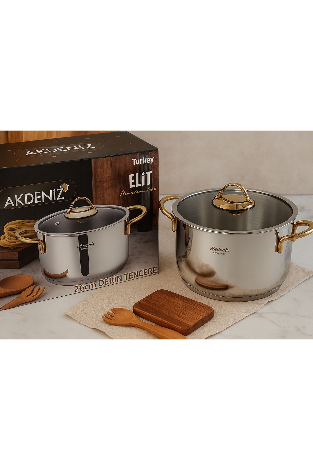 Akdeniz Elit Serisi 26 cm 8 LT Gold Kulplu Paslanmaz Çelik Tencere – Cam Kapaklı, Şık 18/10