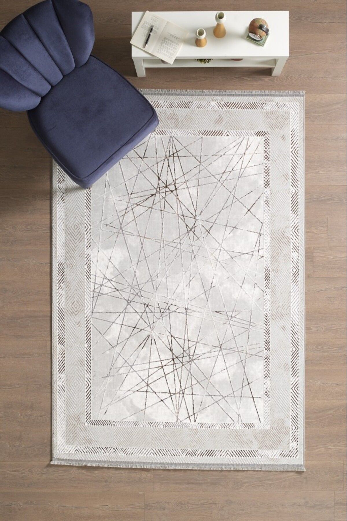 Adalizza Modern Tasarımlı Pamuk Tabanlı Geometrik desenli Saçaklı Bej Renkli Halı