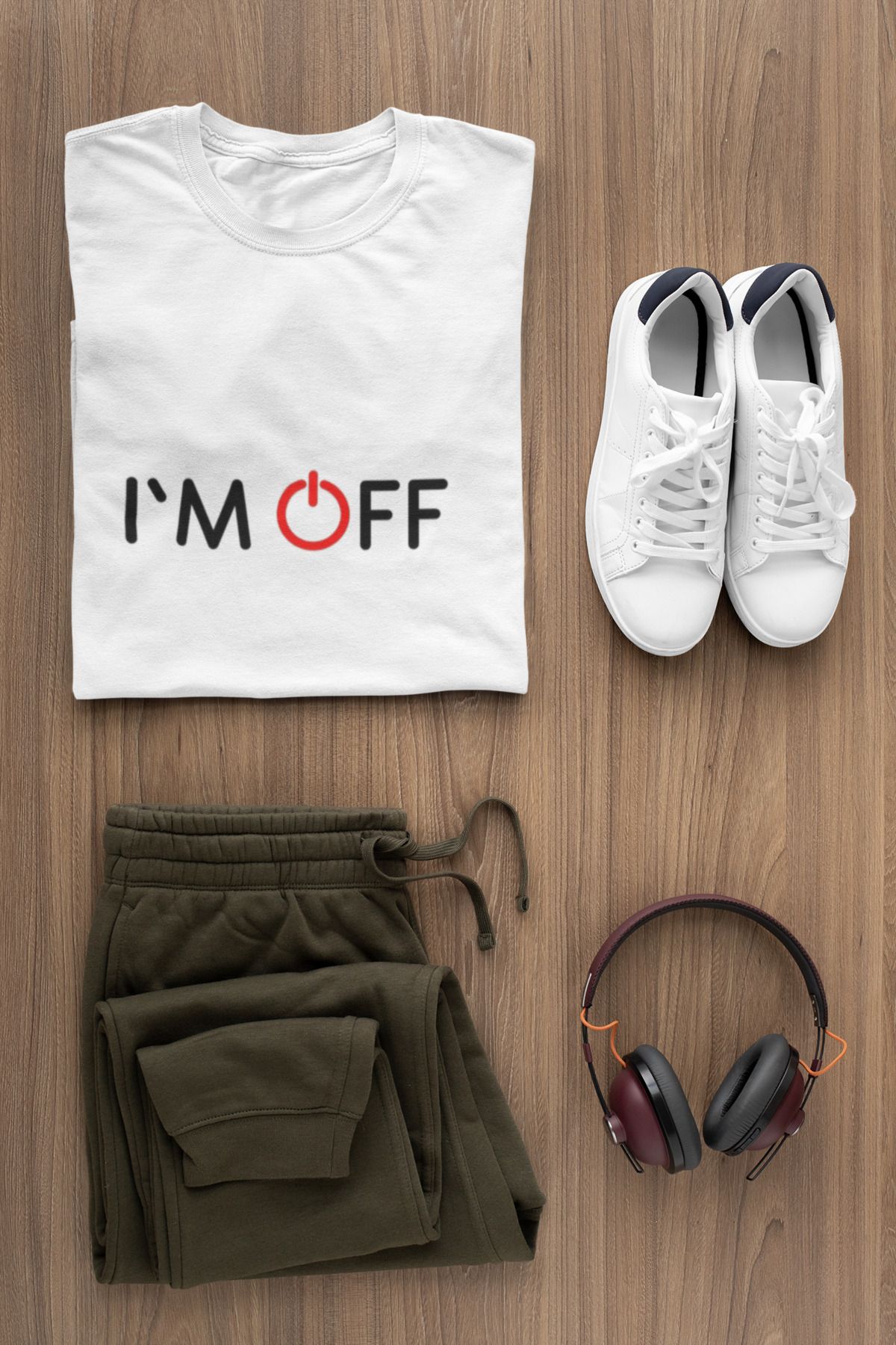 MAGORS I'M OFF BASKILI BİSİKLET YAKA PAMUKLU OVERSIZE KALIP KISA KOLLU KADIN VE ERKEK TSHIRT