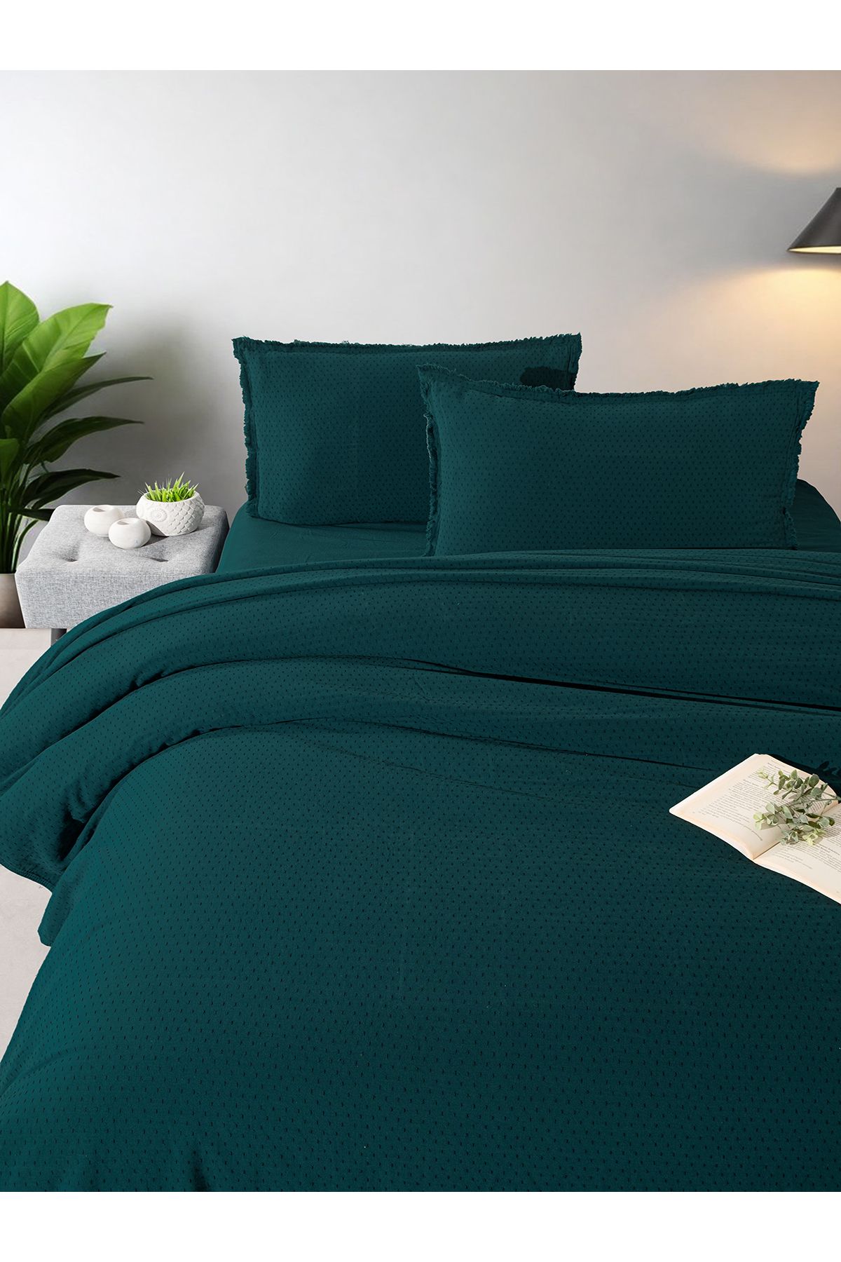 BED LİNE Atlamalı nevresim takımı çift kişilik petrol yeşil