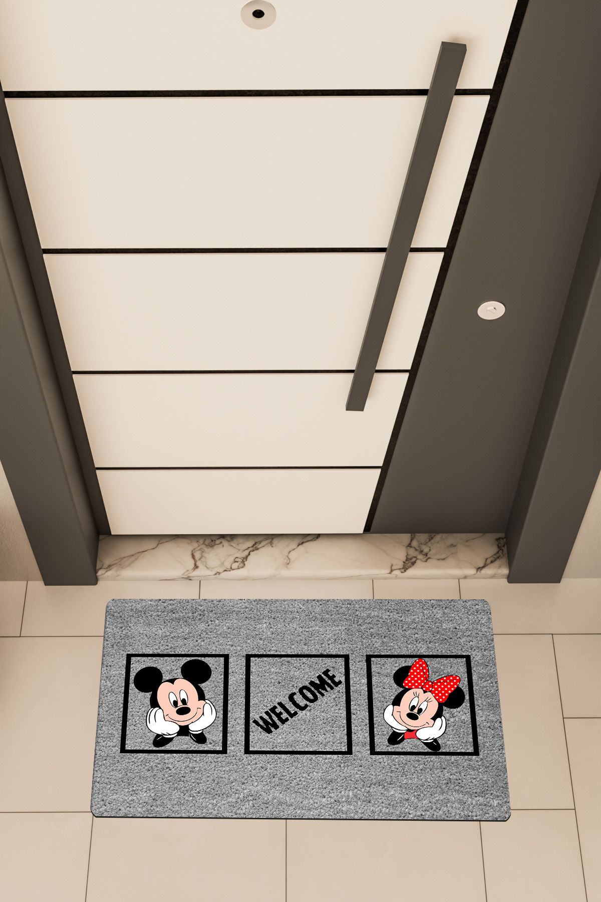 Dormot Home Yüksek Kaliteli Dijital Baskı Gri, Miki,Minie Welcome temalı Kapı Önü Paspası