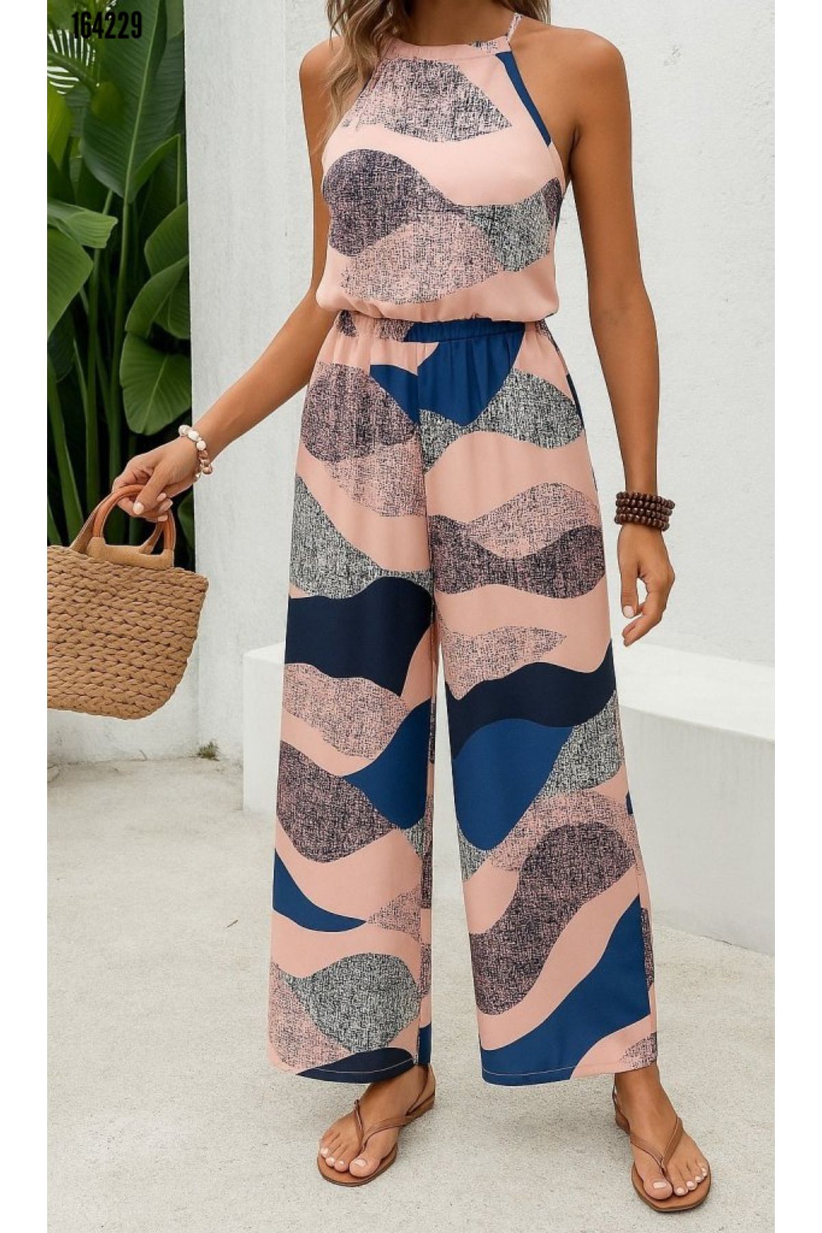 Kokosh moda Kadın Beli Lastikli Omuz Detaylı Desenli Dalgıç Kumaş Tulum