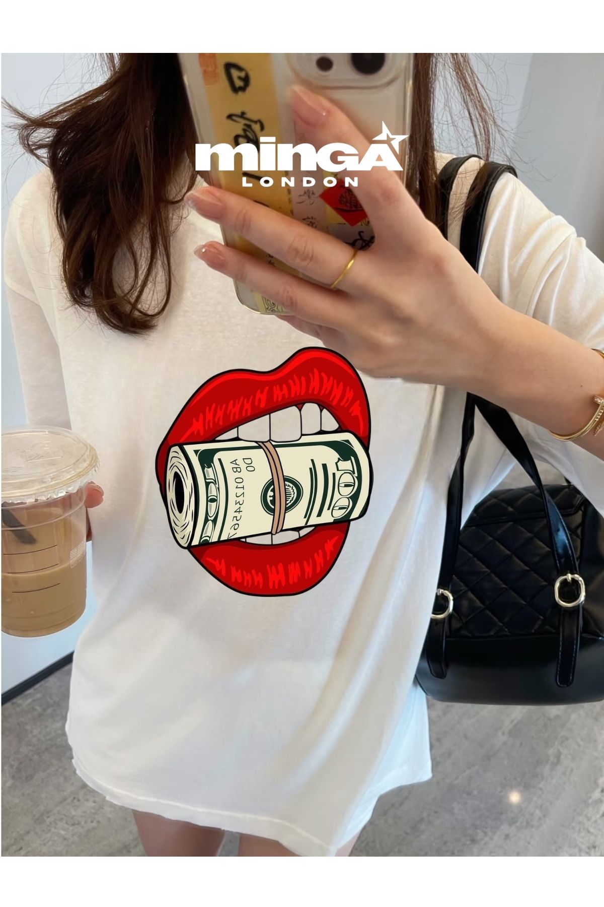 Minga London Kırmızı Dollar Baskılı Beyaz Oversize Tshirt- Minga London