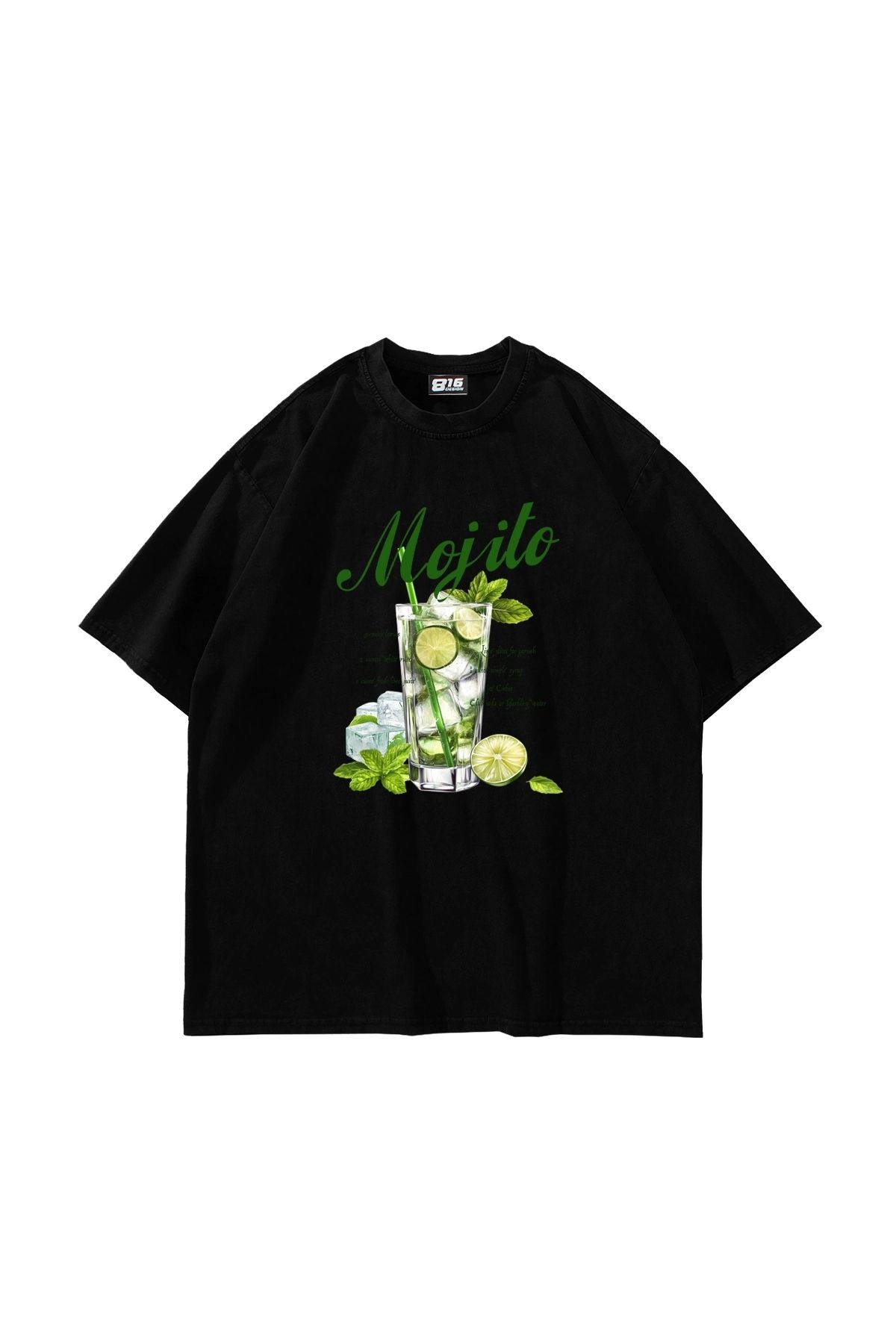 Sekizbiraltı Iced Mojito Baskılı Oversize Unisex Siyah Tshirt