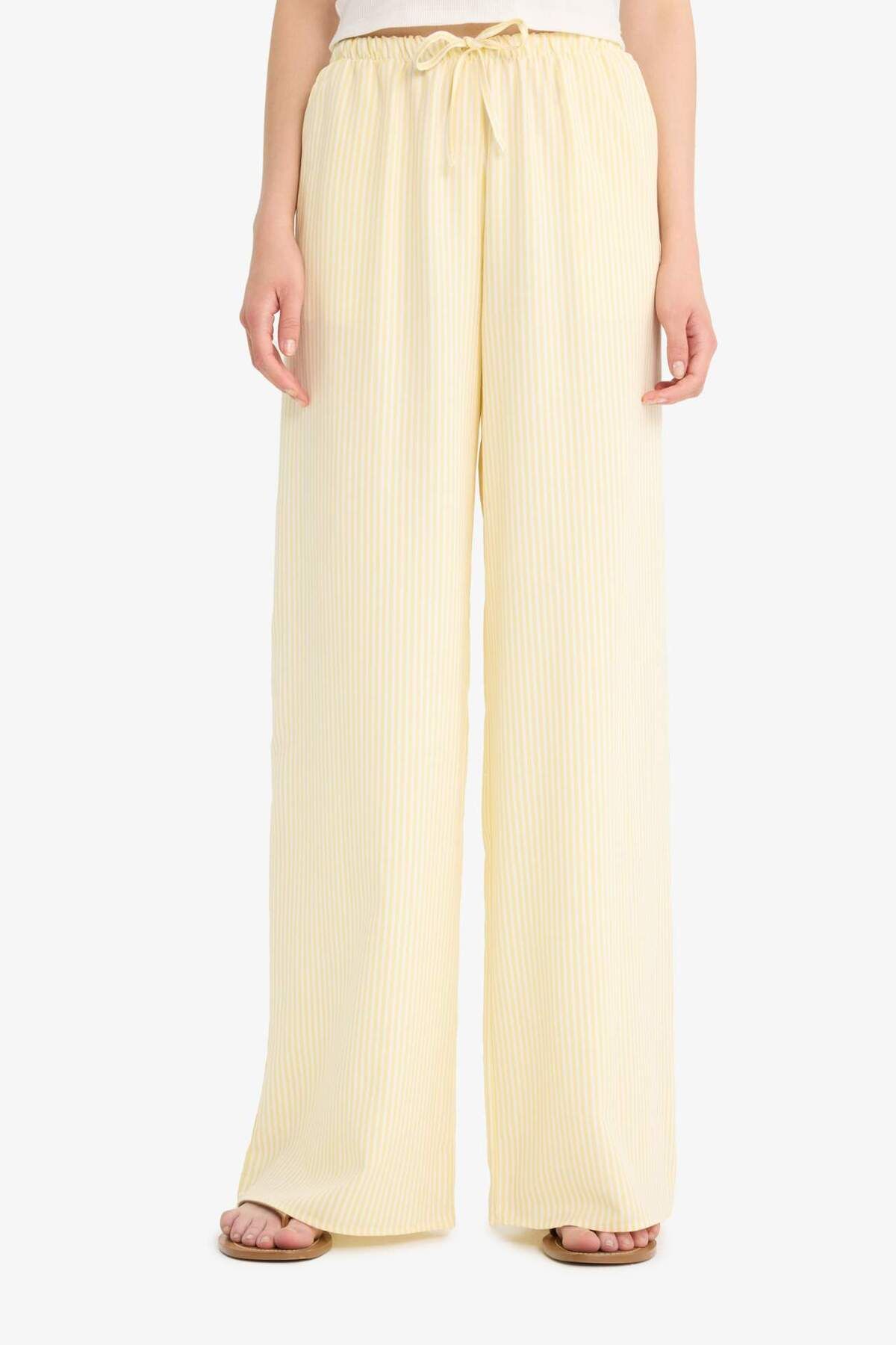 DeFacto Coool Wide Leg Çizgili Normal Bel Keten Karışımlı Pantolon E6129AX25SM